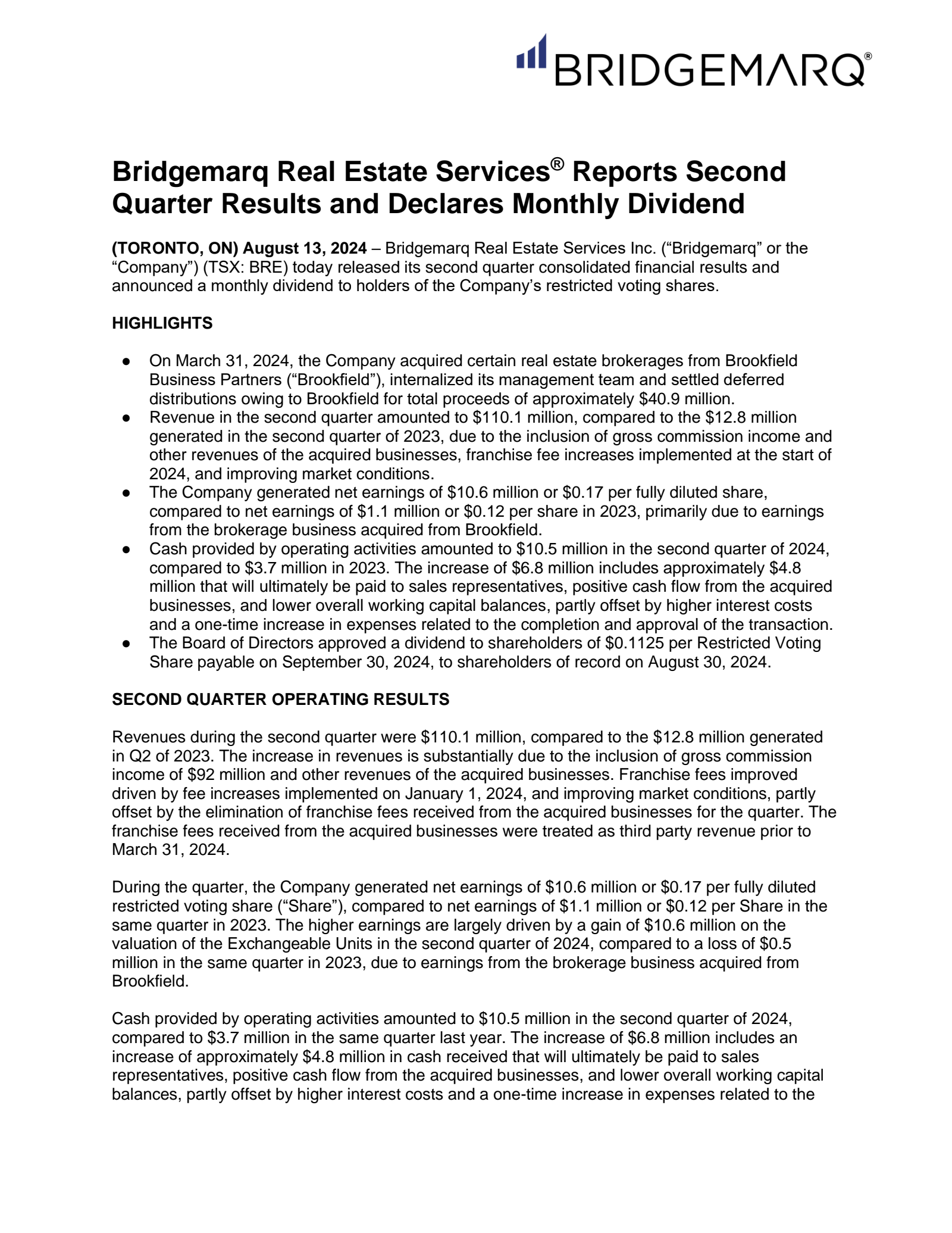 Bridgemarq Real Estate Services' Q2 2024 Interim report