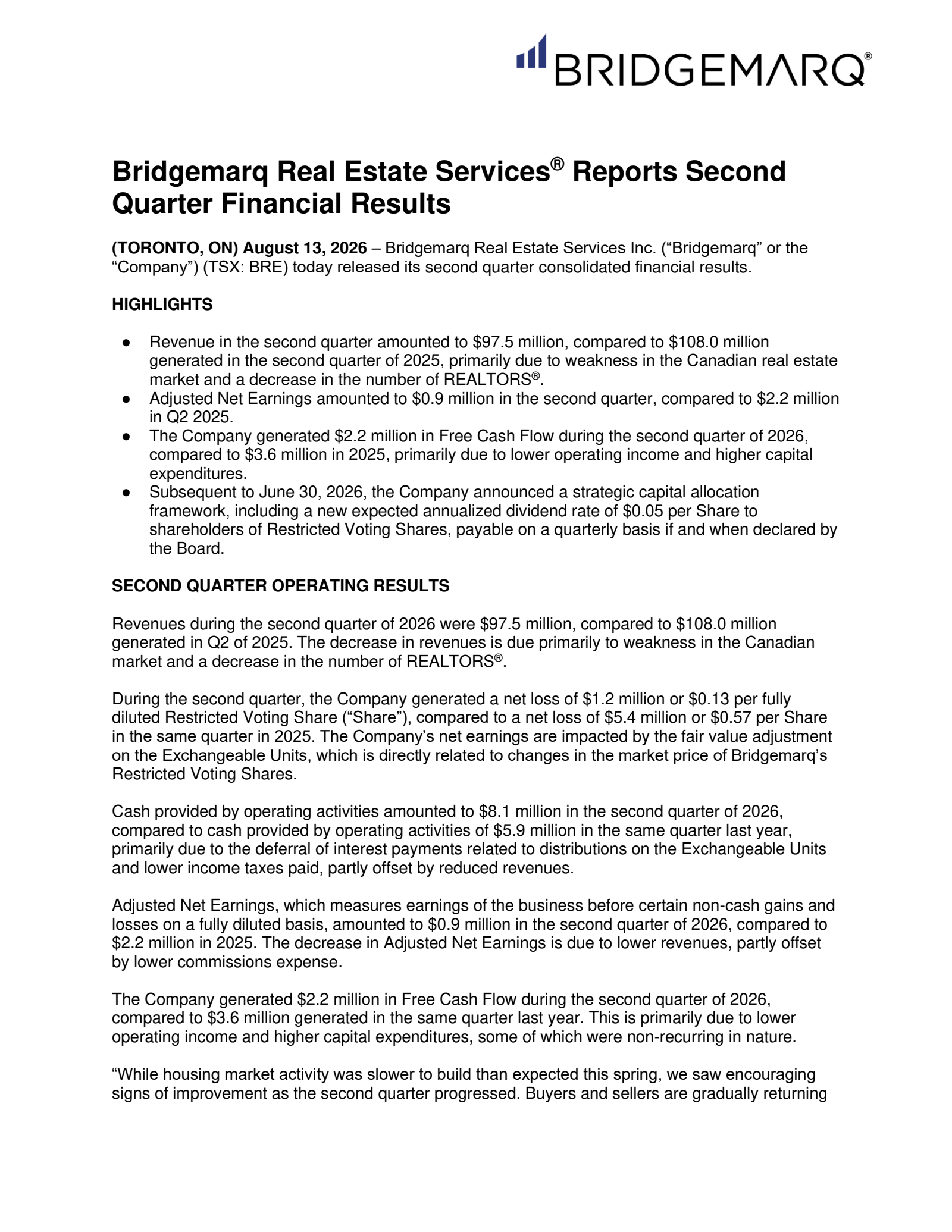 Bridgemarq Real Estate Services' Q2 2026 Press Release