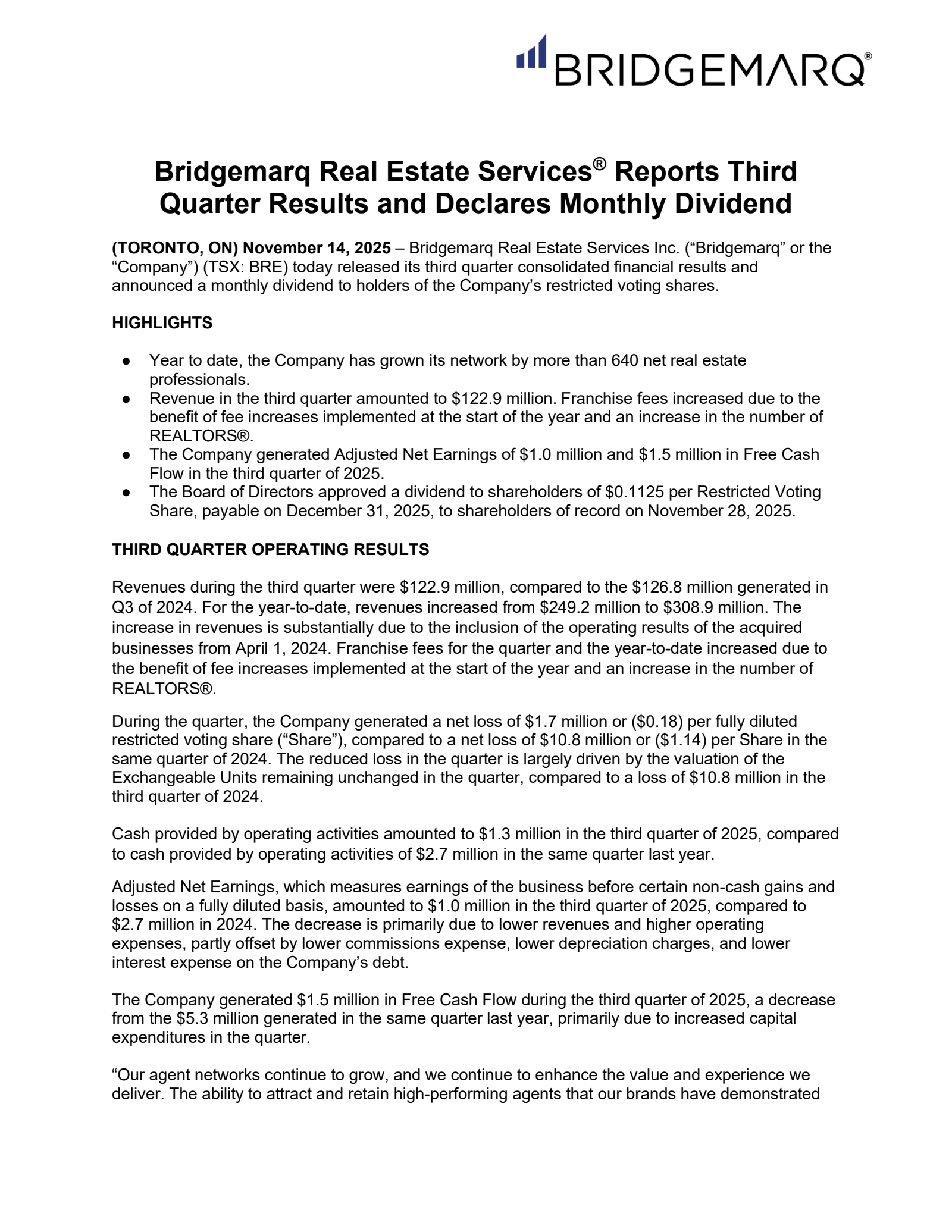 Bridgemarq Real Estate Services' Q3 2025 Earnings Release