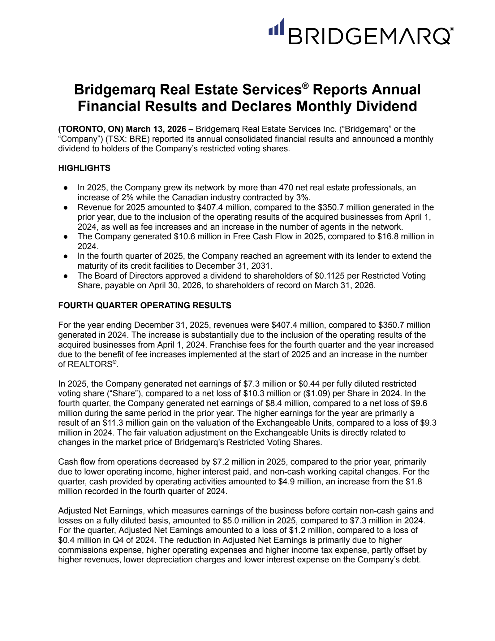 Bridgemarq Real Estate Services' Q4 2025 Press Release