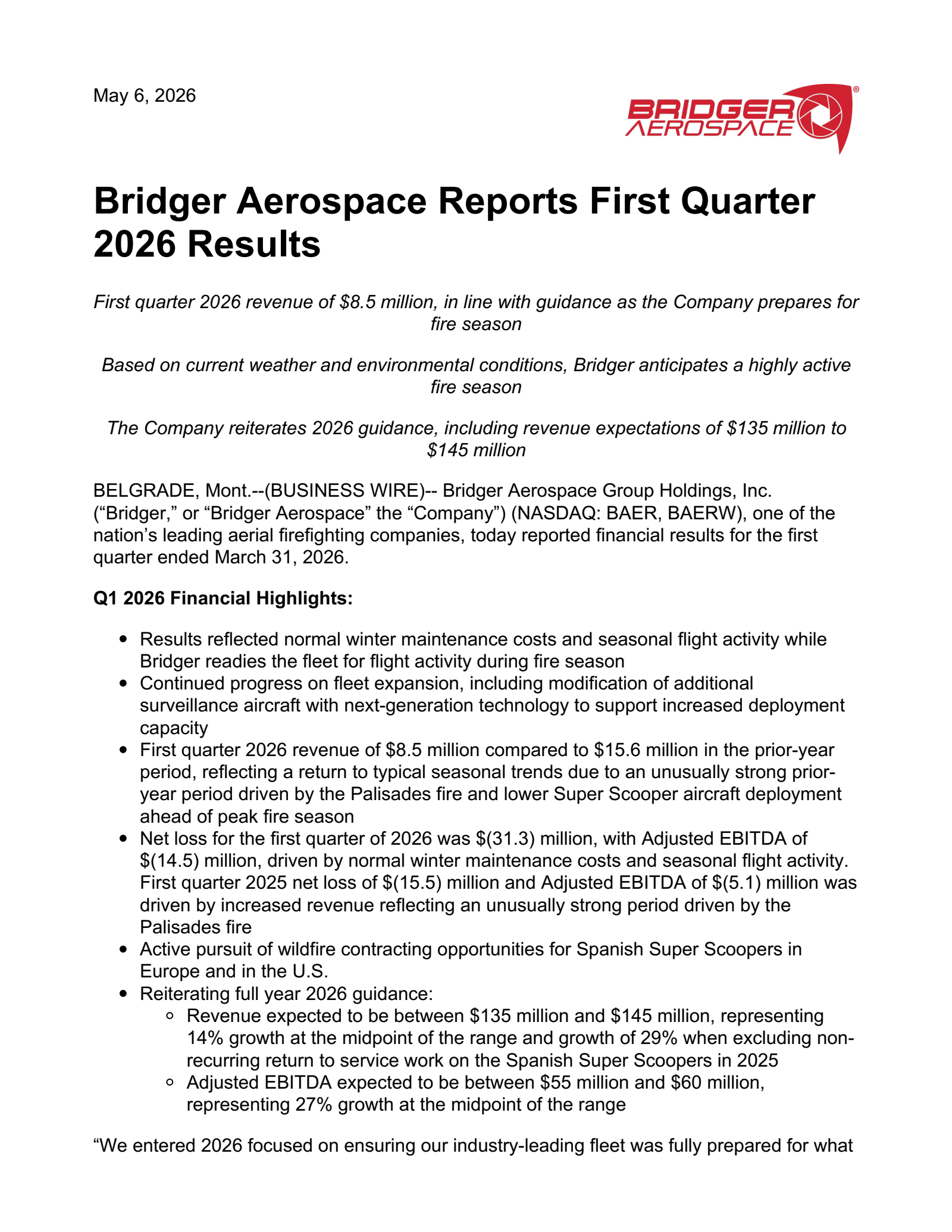 Bridger Aerospace Group's Q1 2026 Press Release