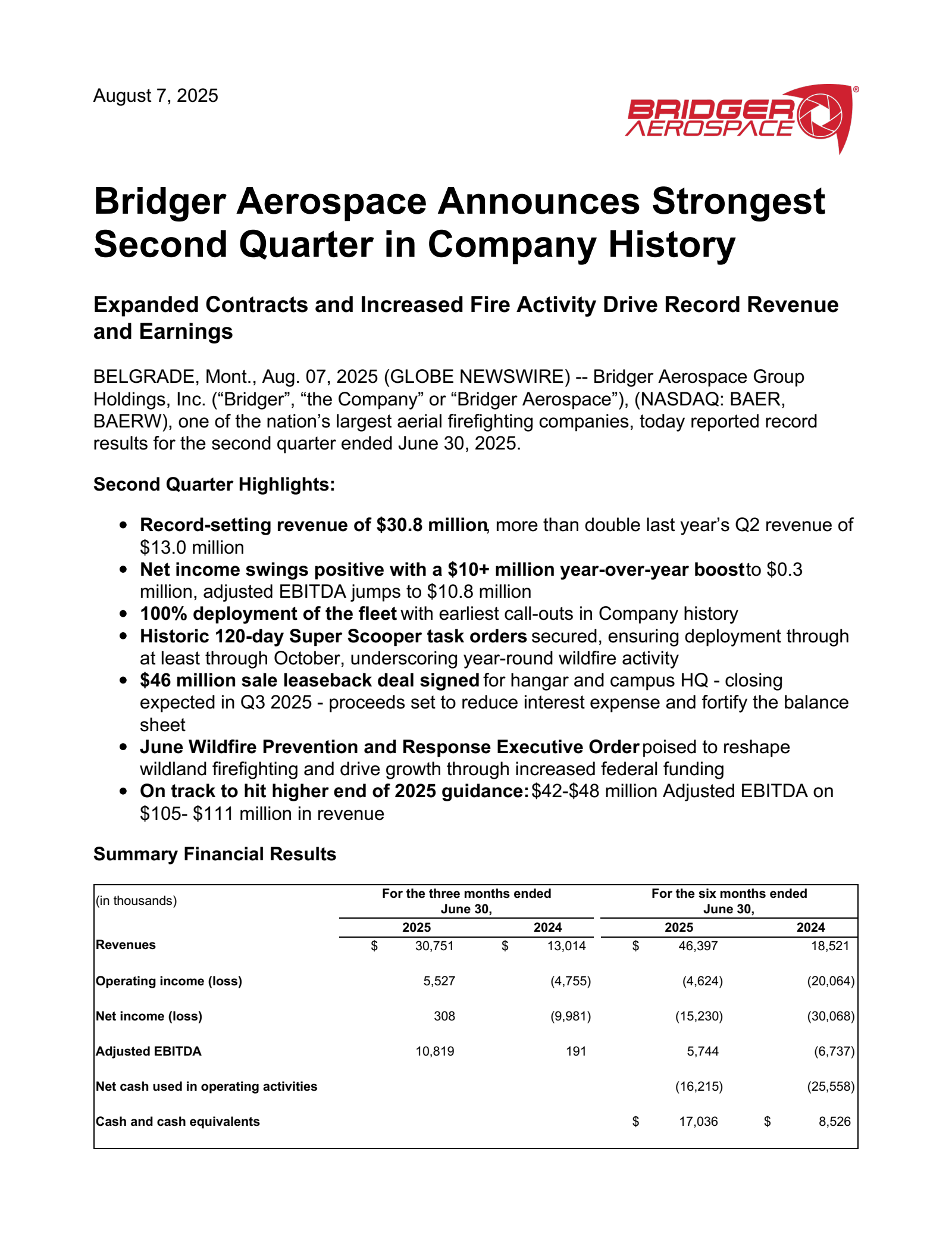 Bridger Aerospace Group's Q2 2025 Press Release