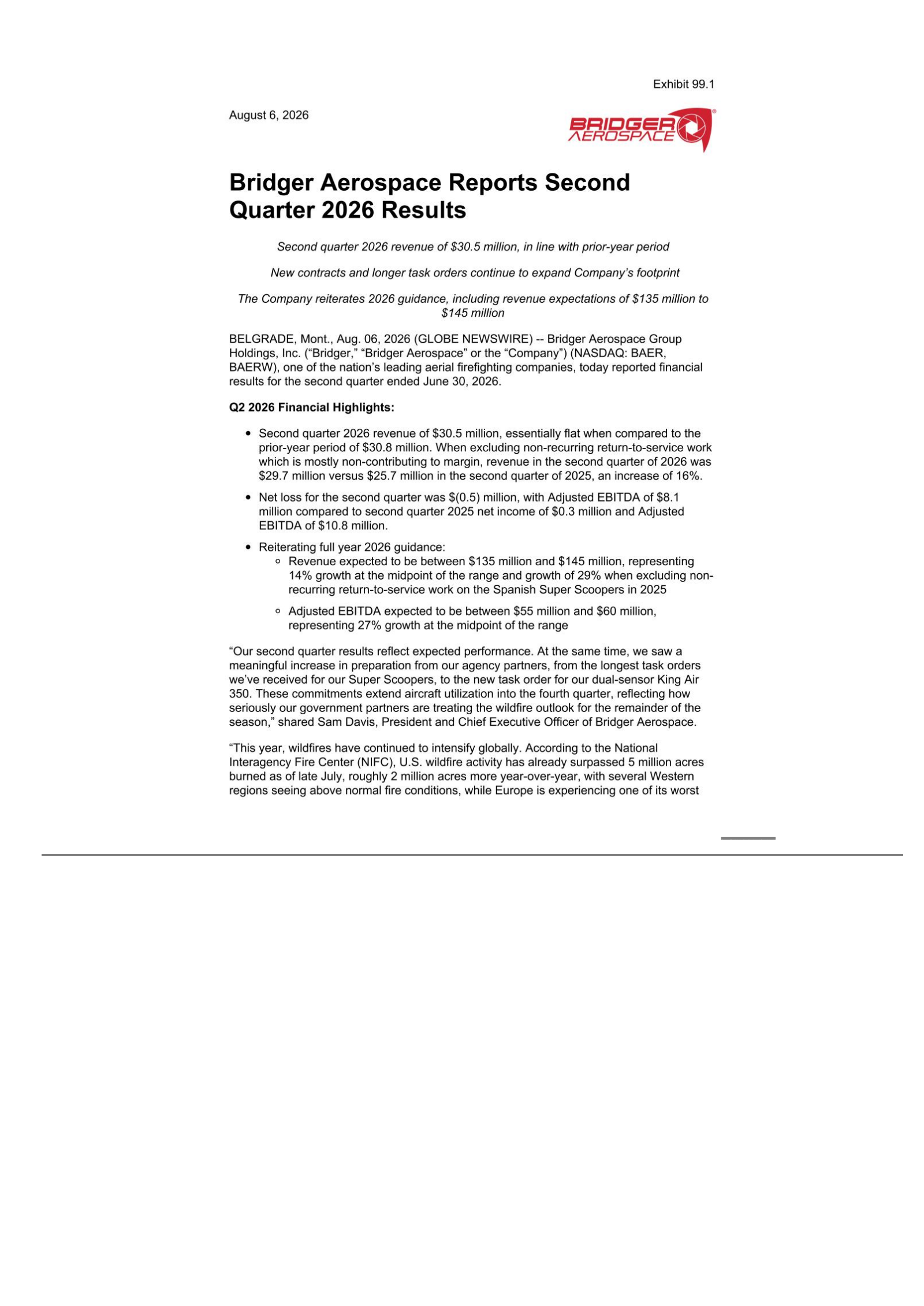 Bridger Aerospace Group's Q2 2026 Press Release