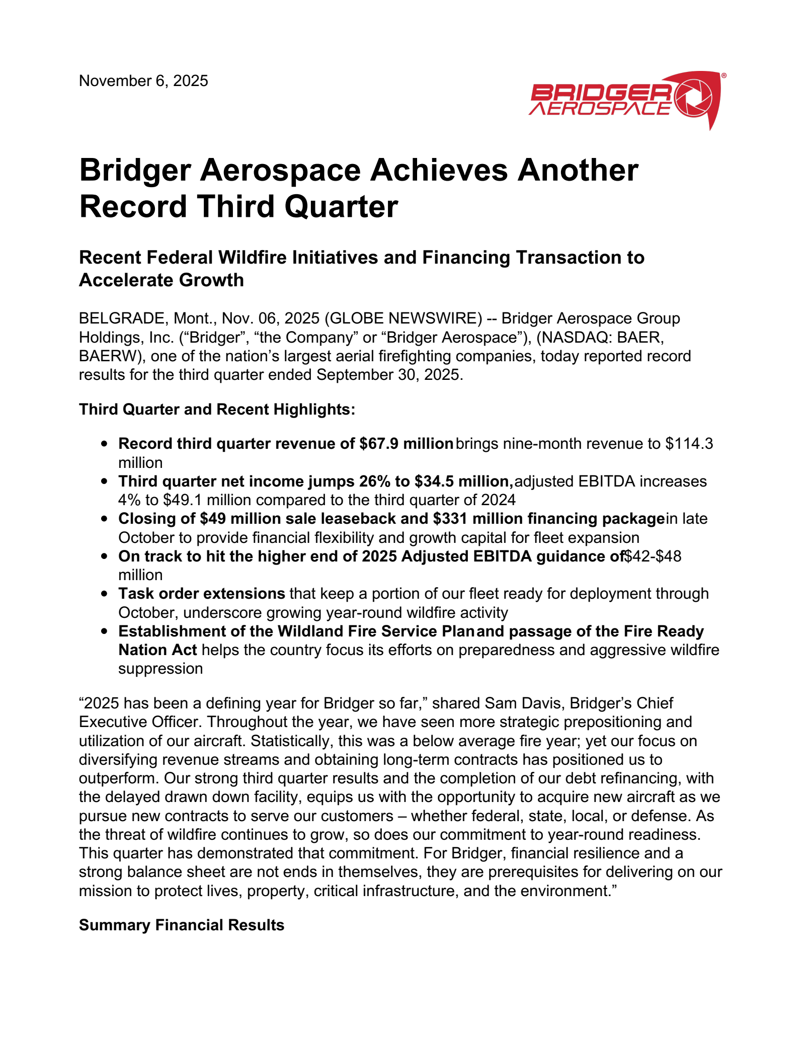 Bridger Aerospace Group's Q3 2025 Earnings Release