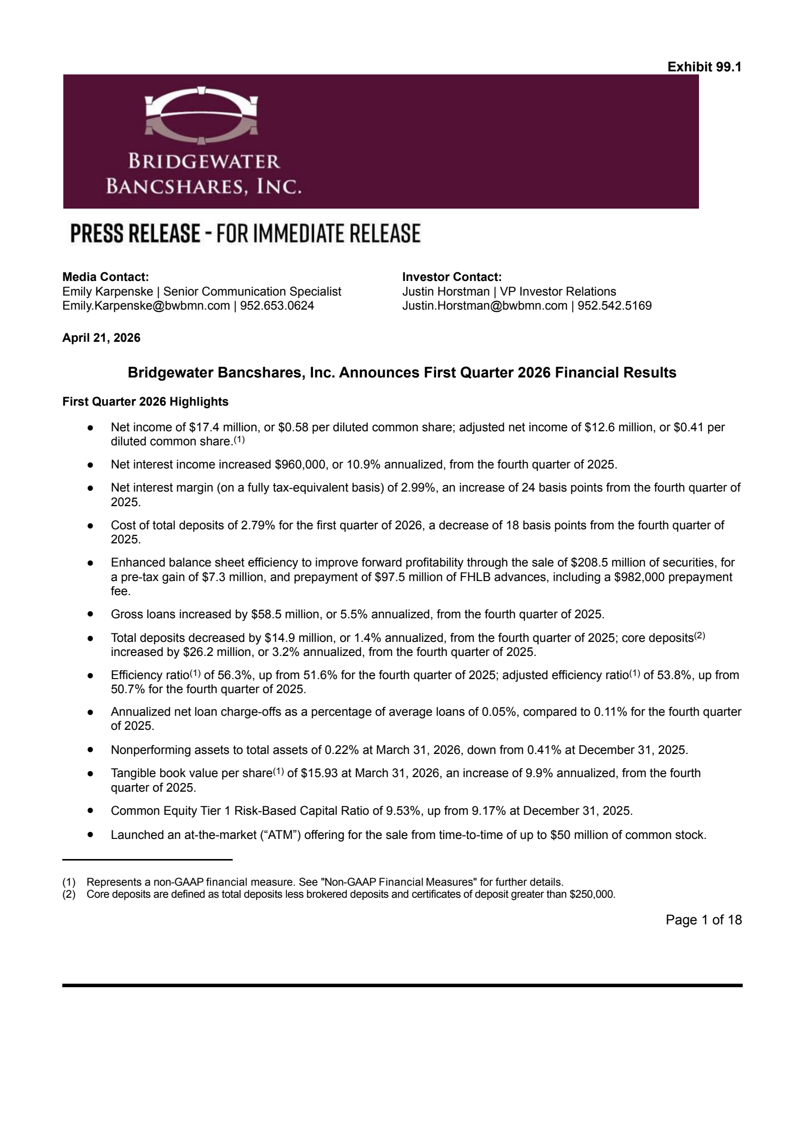 Bridgewater Bancshares' Q1 2026 Press Release