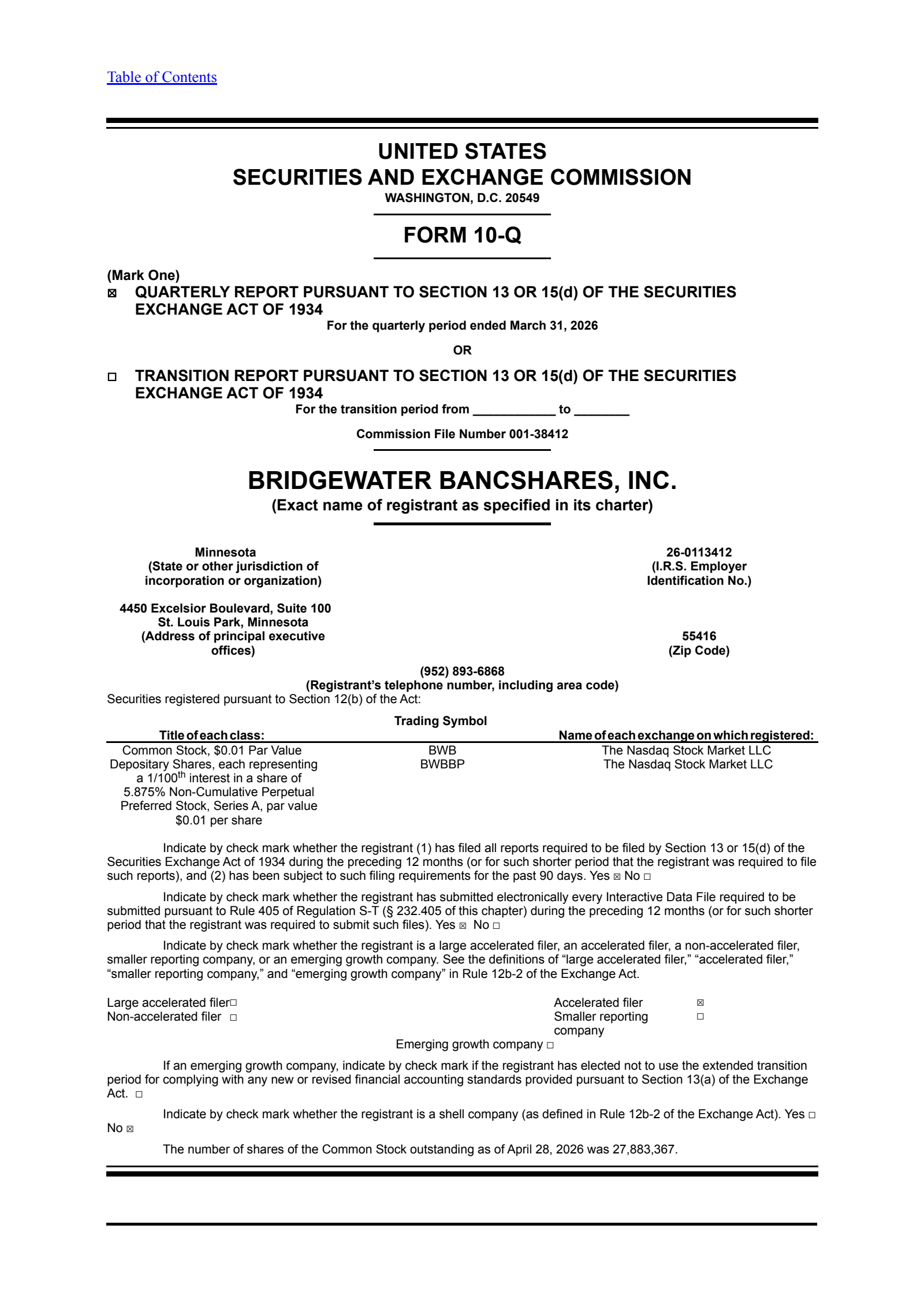 Bridgewater Bancshares' Q1 2026 Quarterly report
