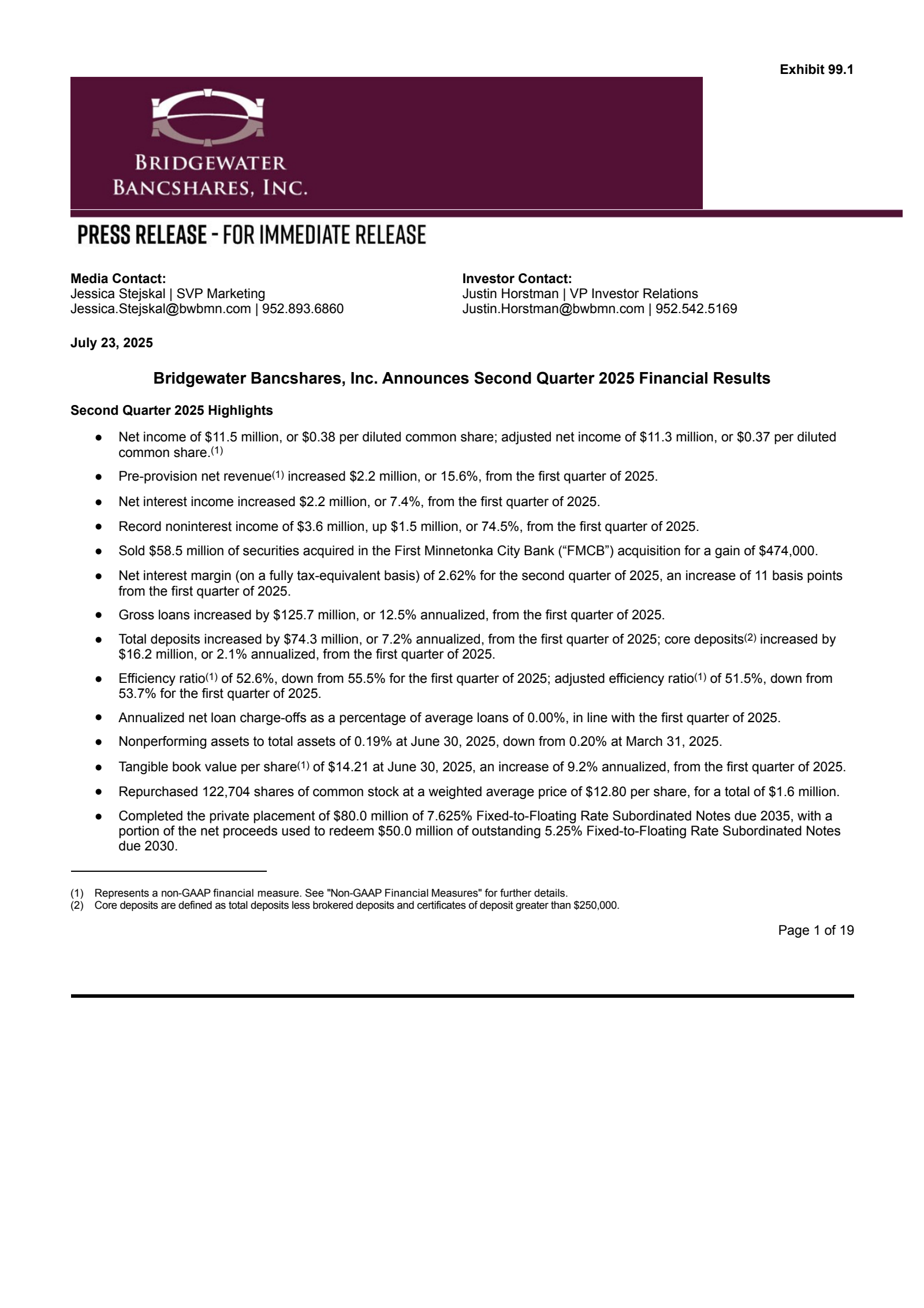 Bridgewater Bancshares' Q2 2025 Press Release