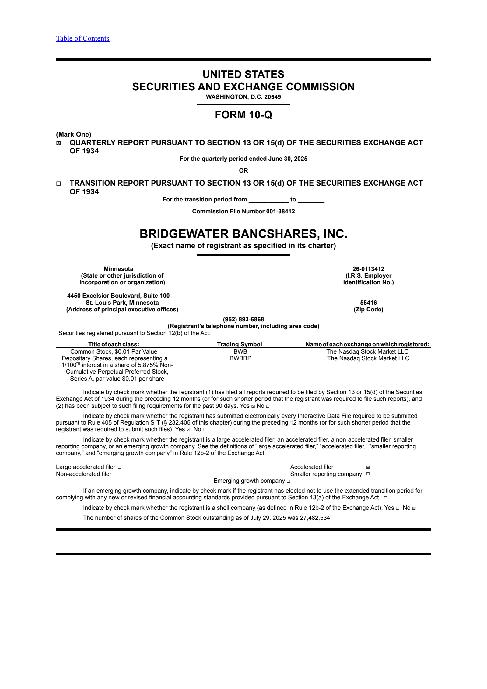 Bridgewater Bancshares' Q2 2025 Quarterly report