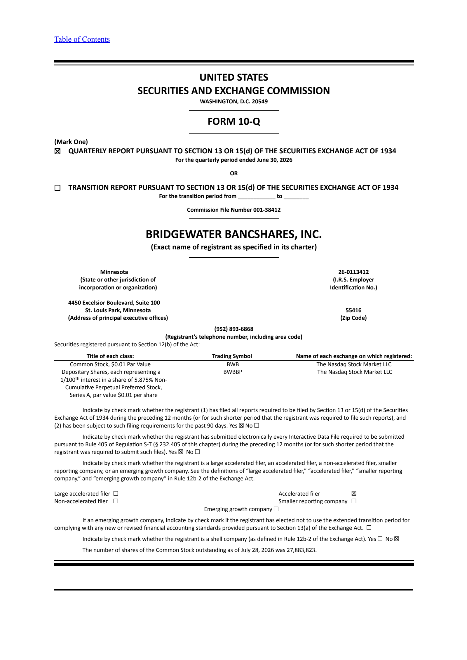 Bridgewater Bancshares' Q2 2026 Quarterly report