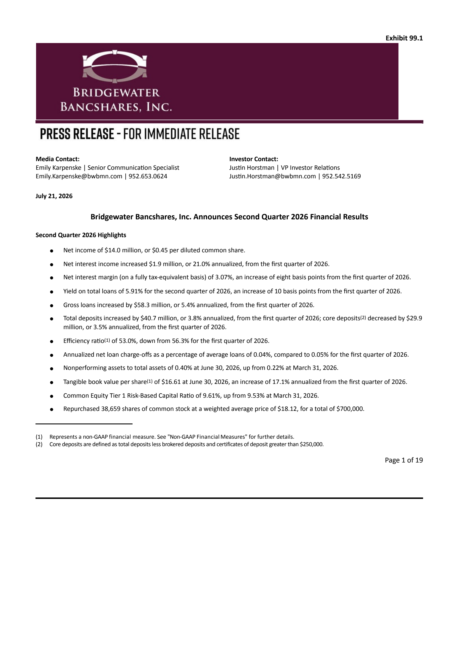 Bridgewater Bancshares' Q2 2026 Press Release