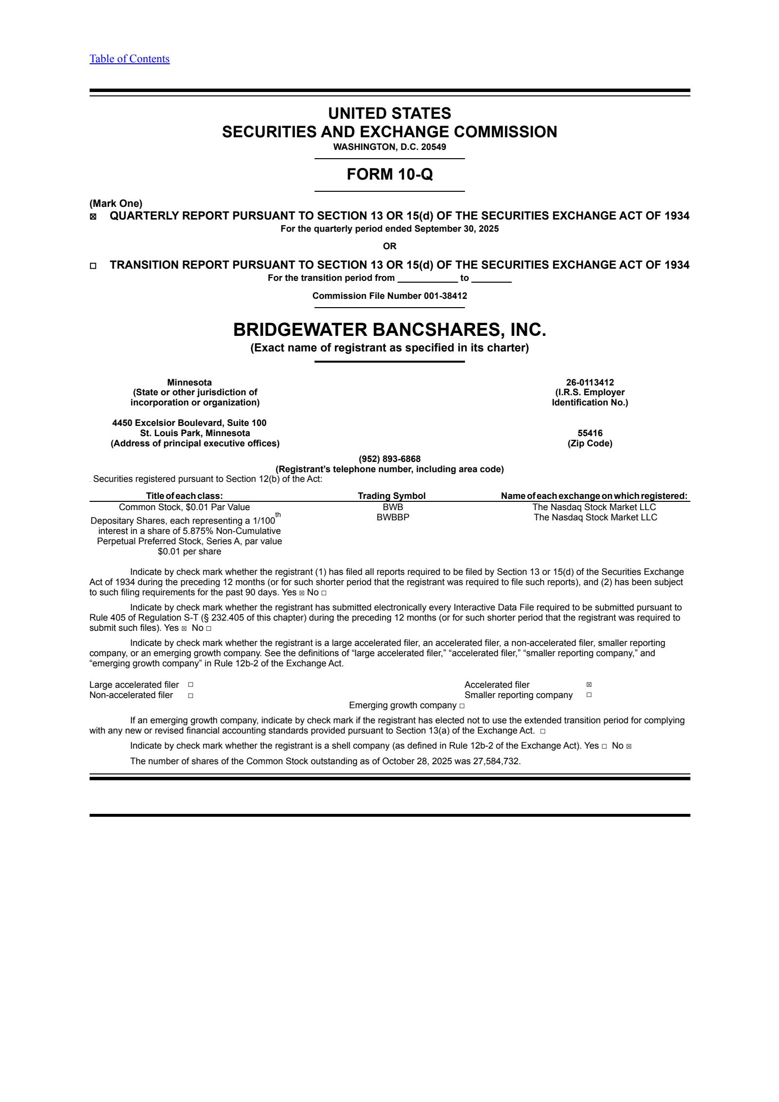 Bridgewater Bancshares' Q3 2025 Quarterly Report