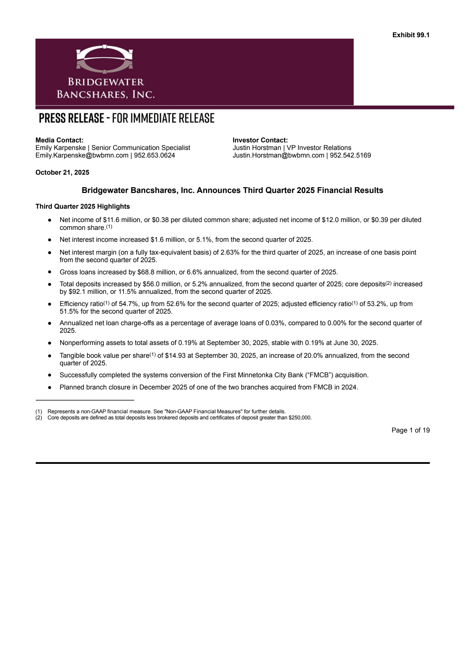 Bridgewater Bancshares' Q3 2025 Earnings Release