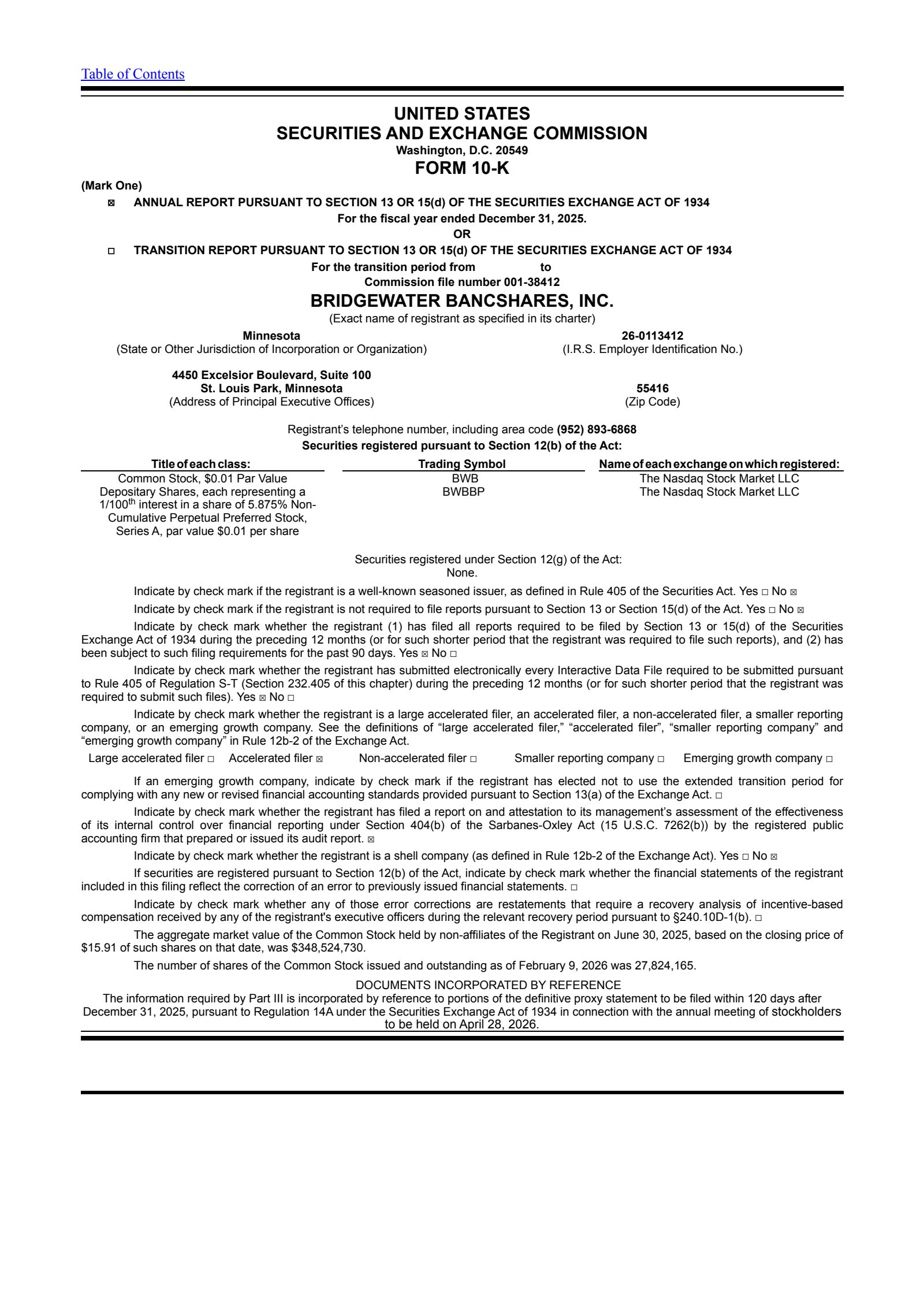 Bridgewater Bancshares' Q4 2025 Annual report