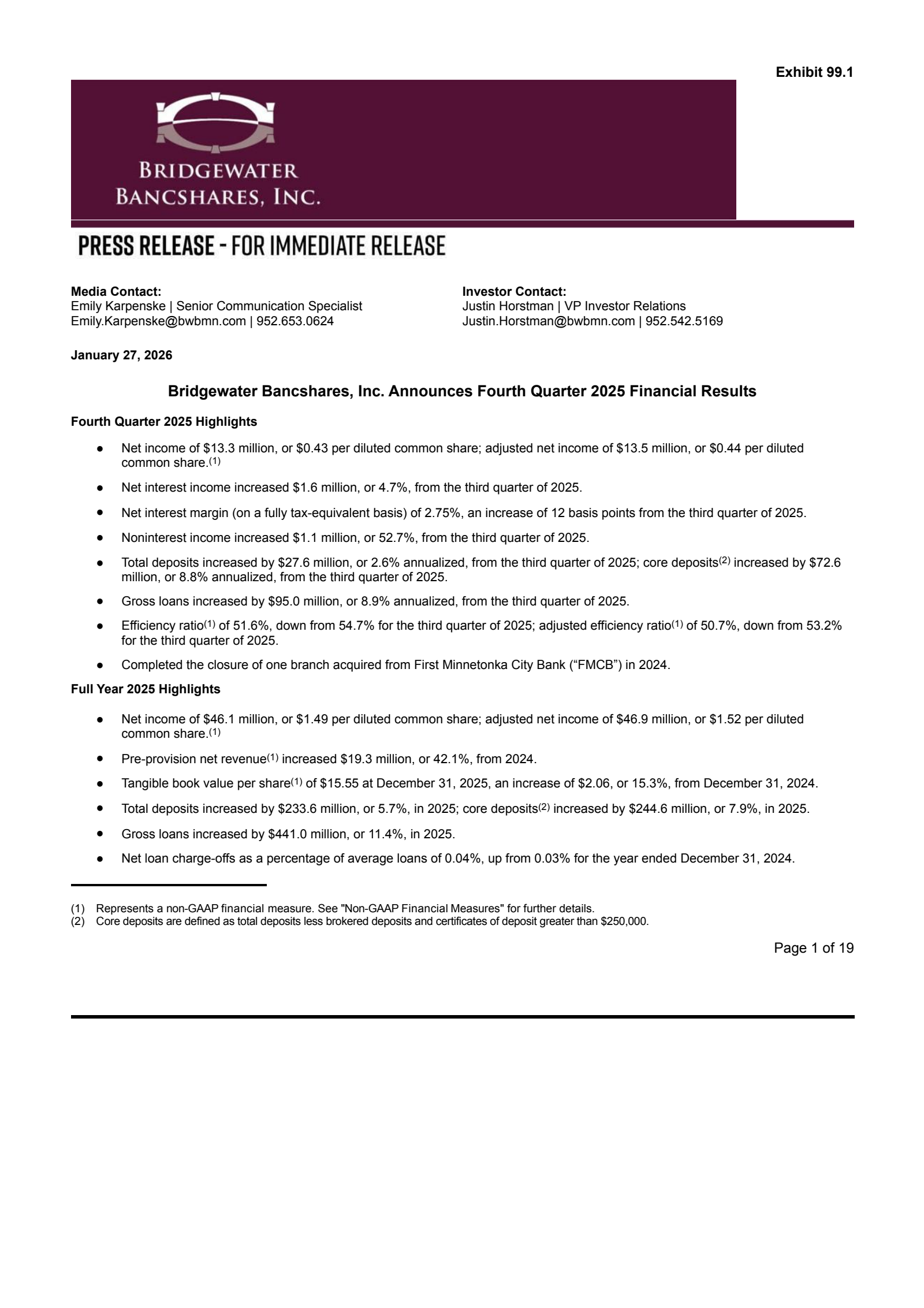 Bridgewater Bancshares' Q4 2025 Press Release