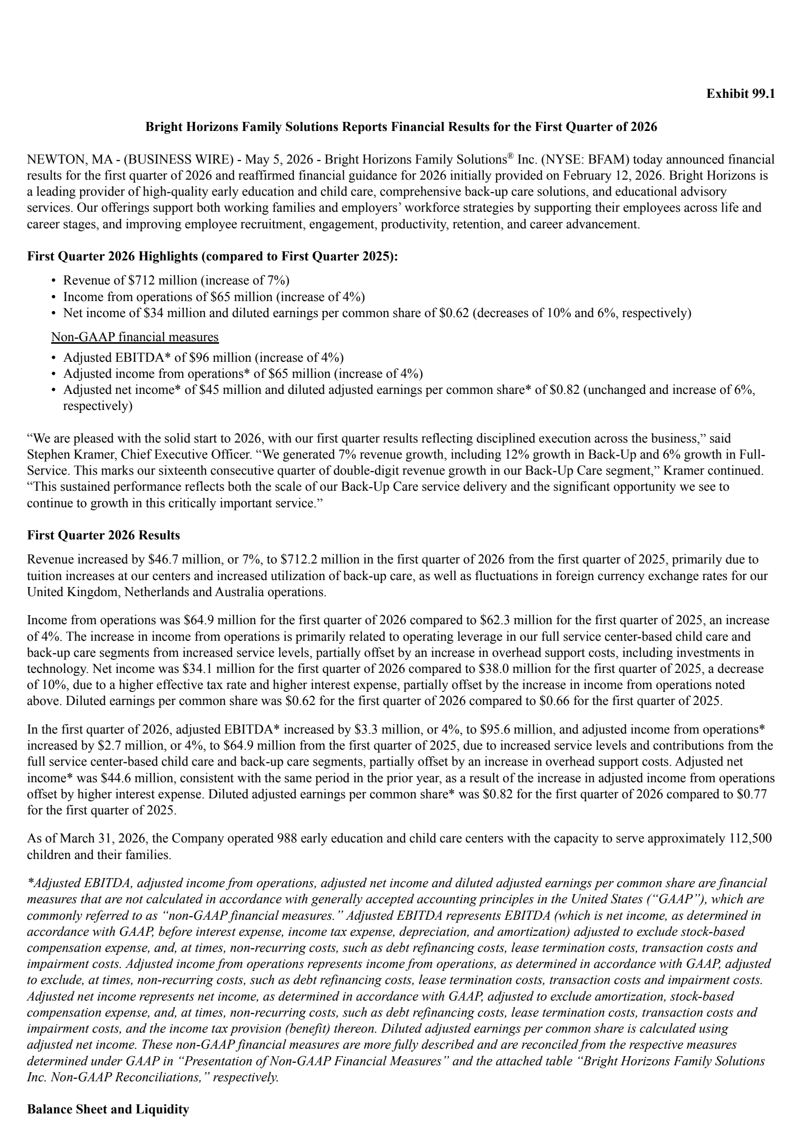 Bright Horizons Family Solutions' Q1 2026 Press Release