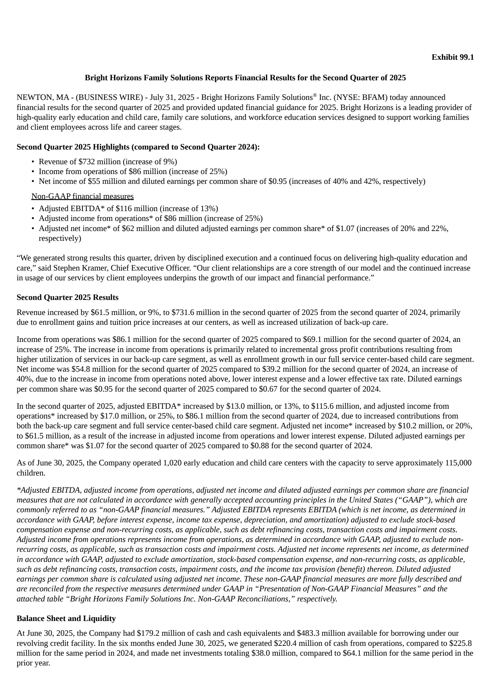 Bright Horizons Family Solutions' Q2 2025 Press Release