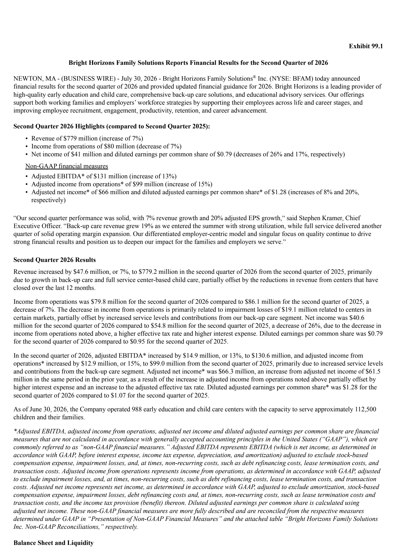 Bright Horizons Family Solutions' Q2 2026 Press Release