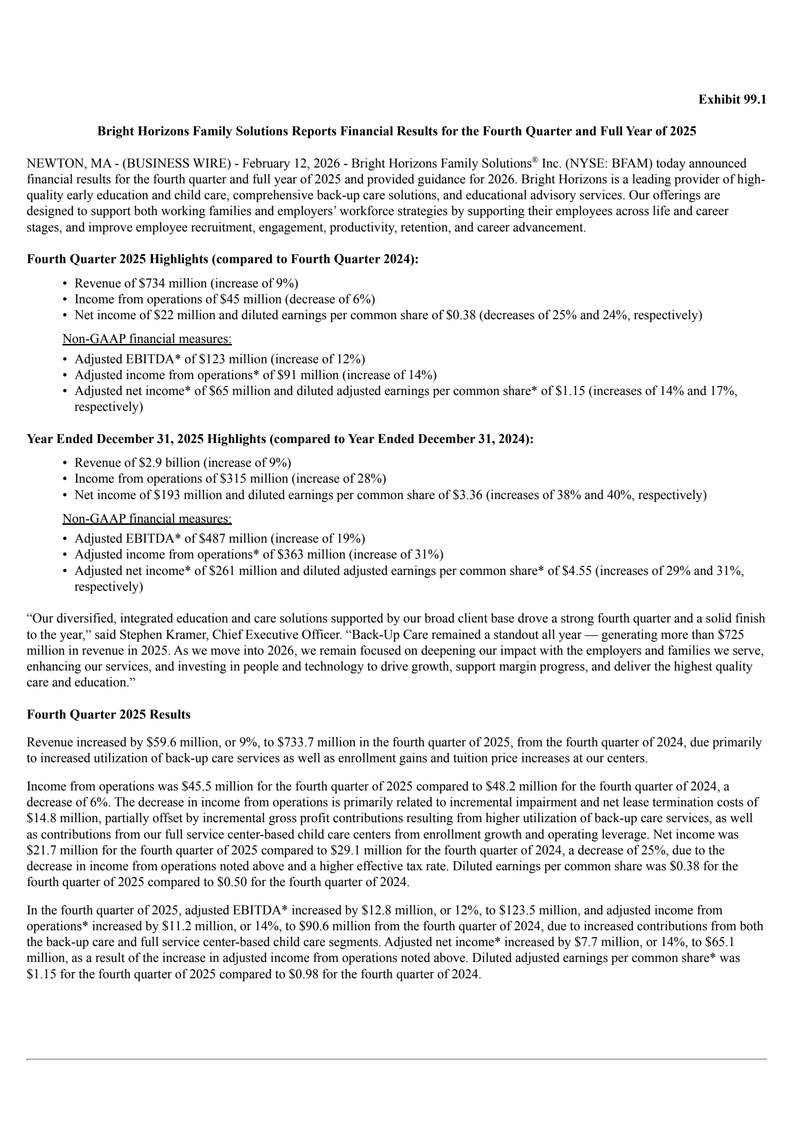 Bright Horizons Family Solutions' Q4 2025 Press Release