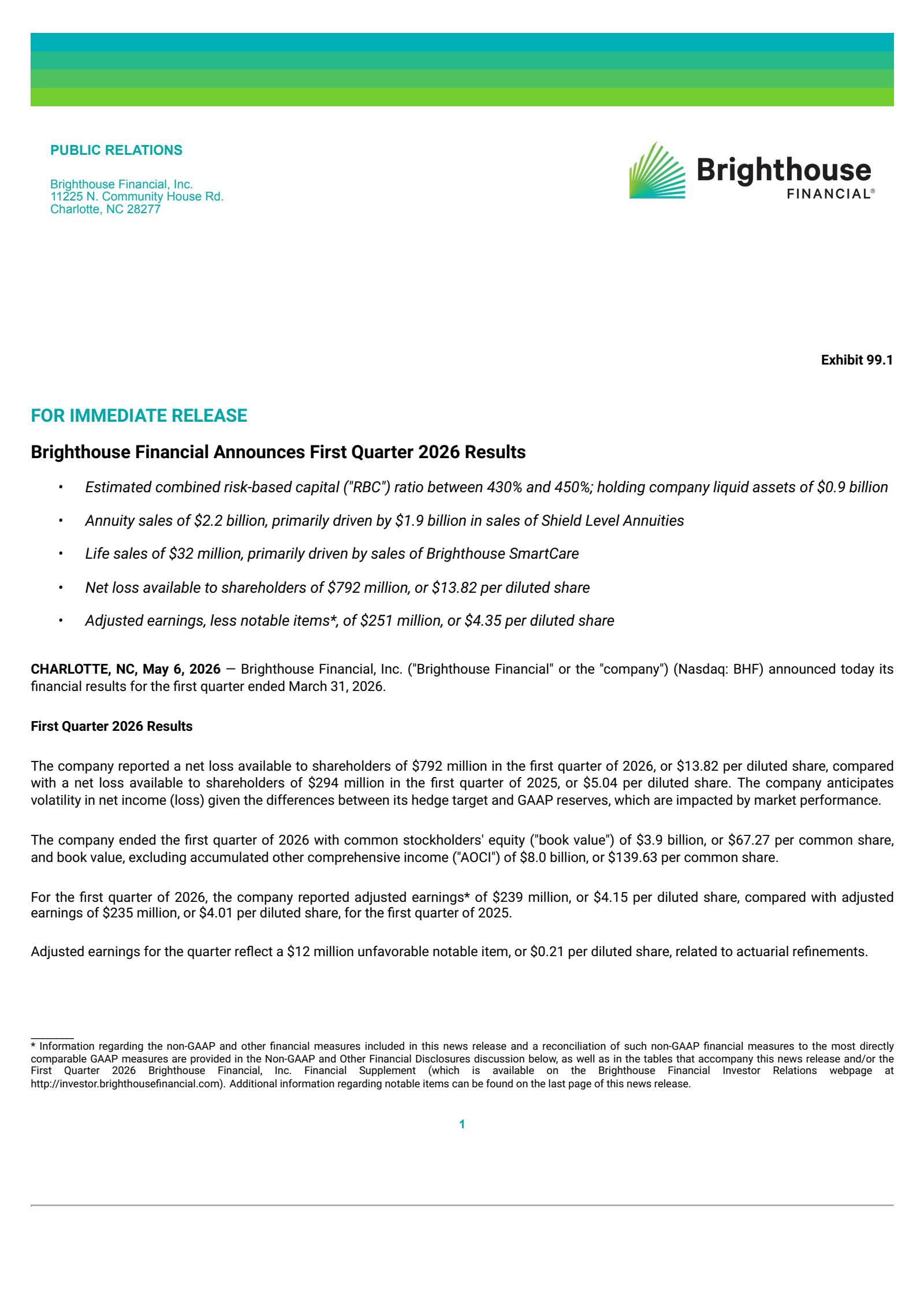 Brighthouse Financial's Q1 2026 Press Release