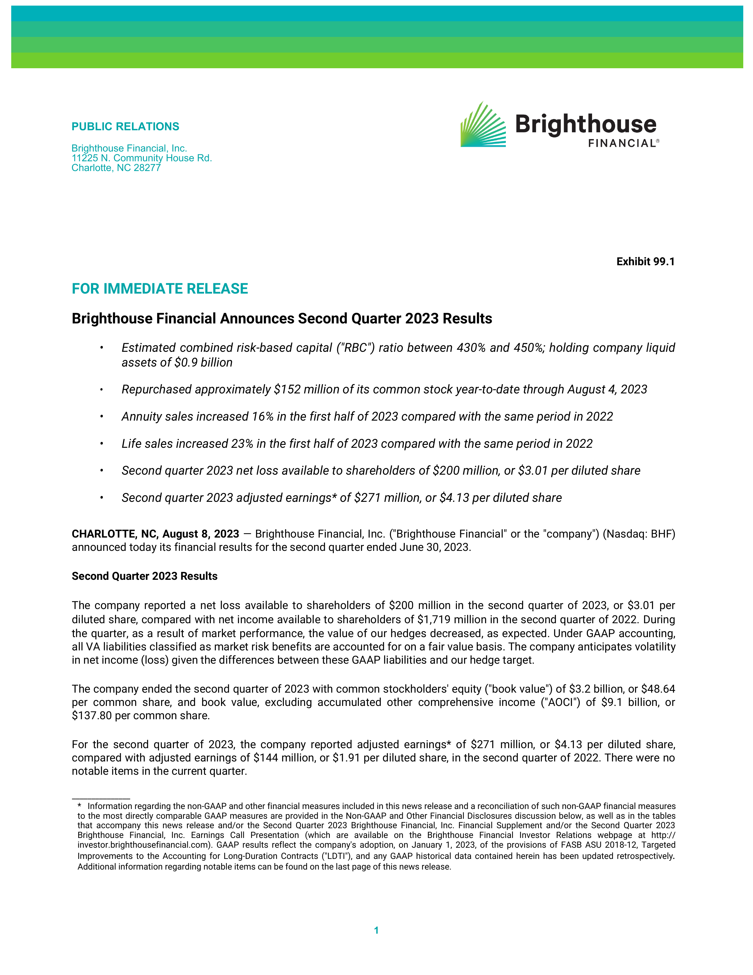 Brighthouse Financial's Q2 2023 Press Release