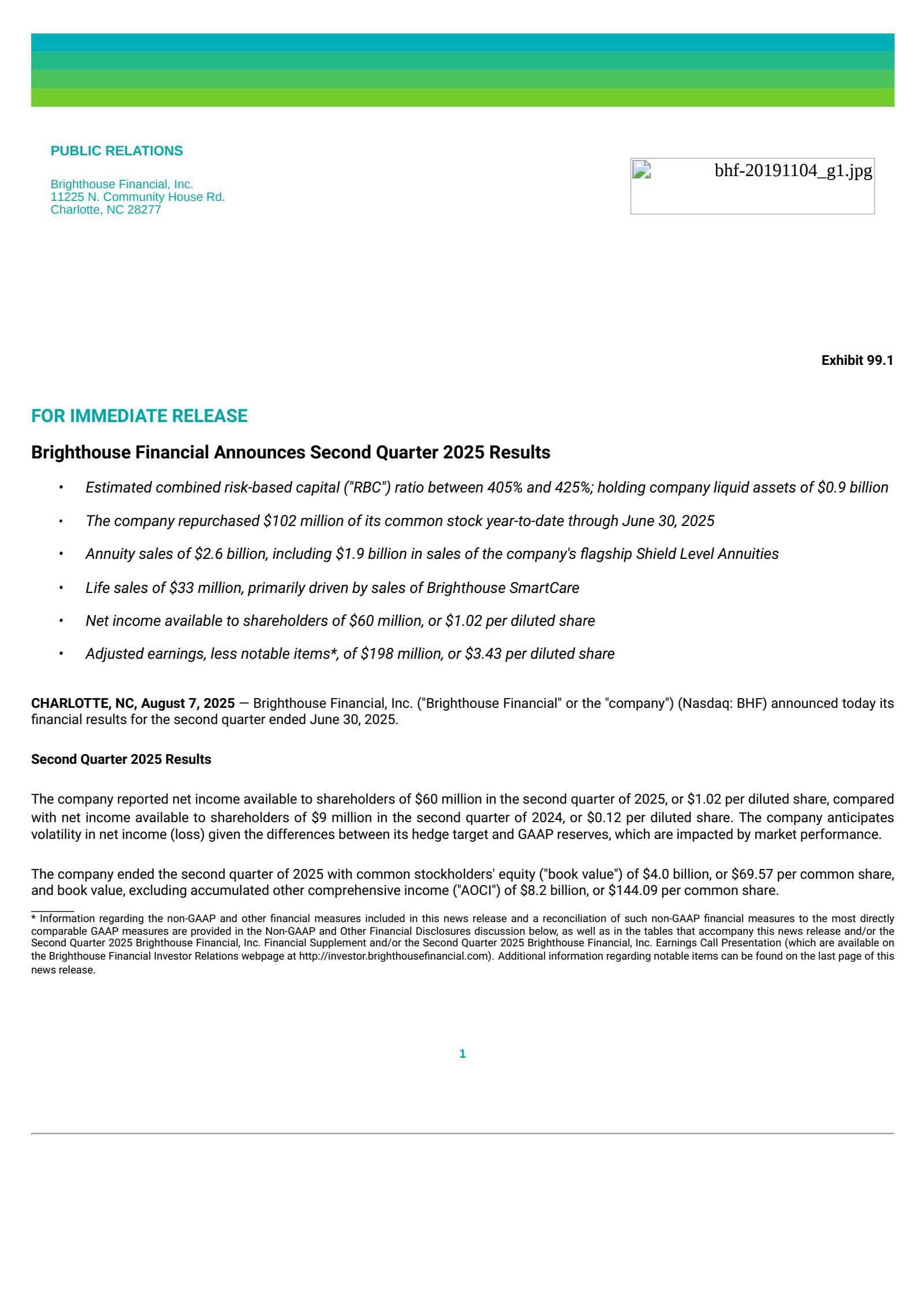 Brighthouse Financial's Q2 2025 Press Release