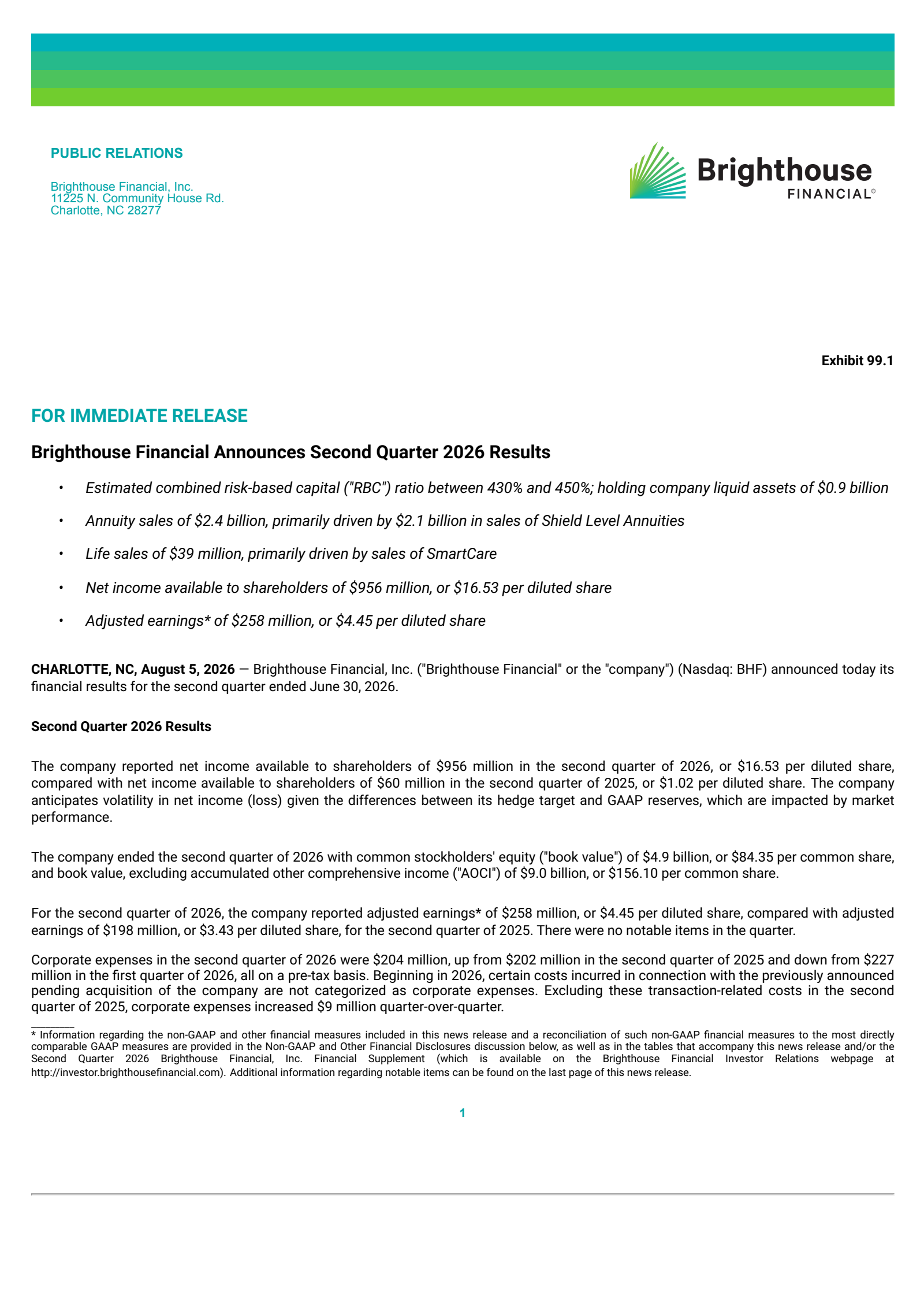 Brighthouse Financial's Q2 2026 Press Release