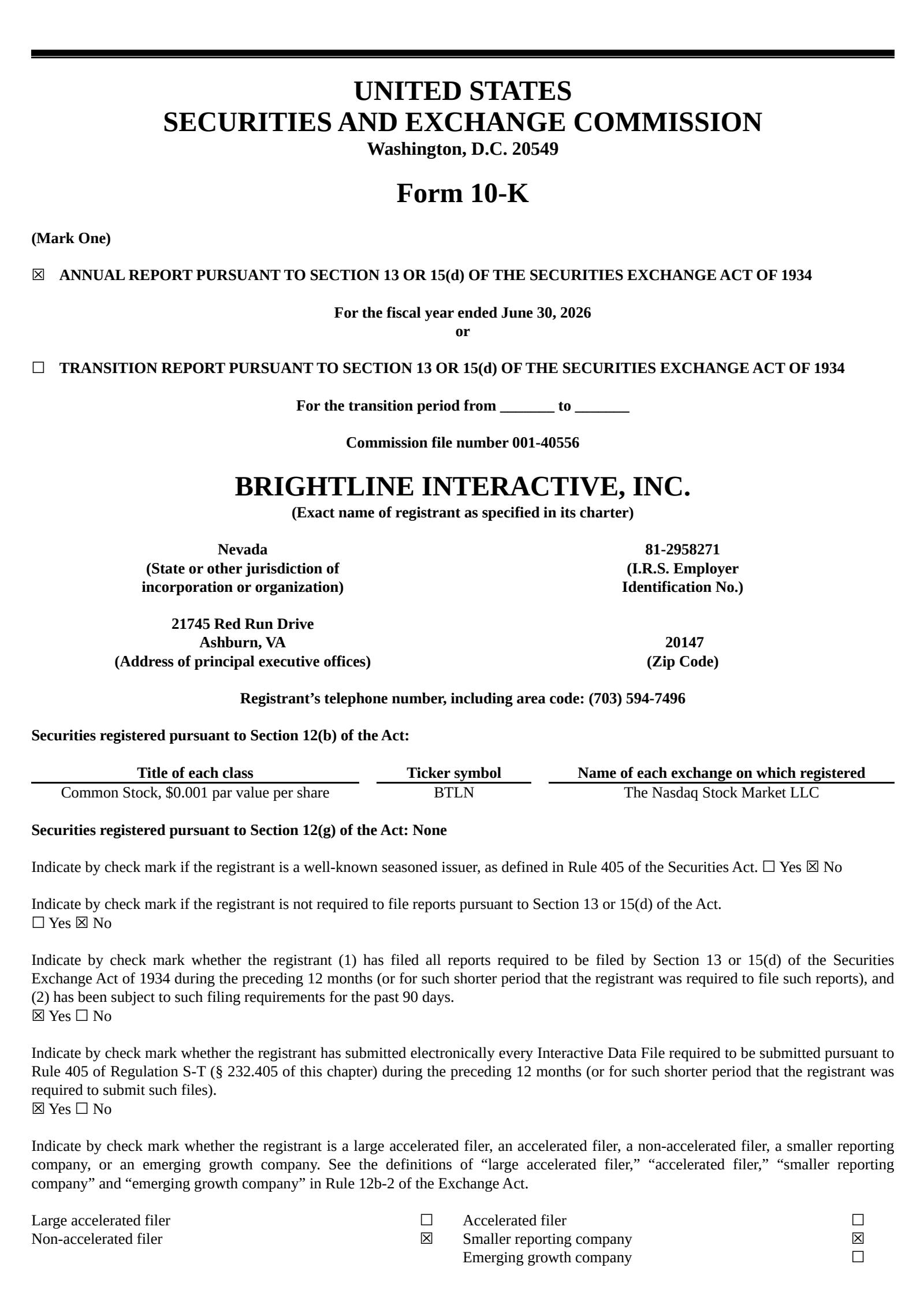 Brightline Interactive's Q4 2026 Annual report