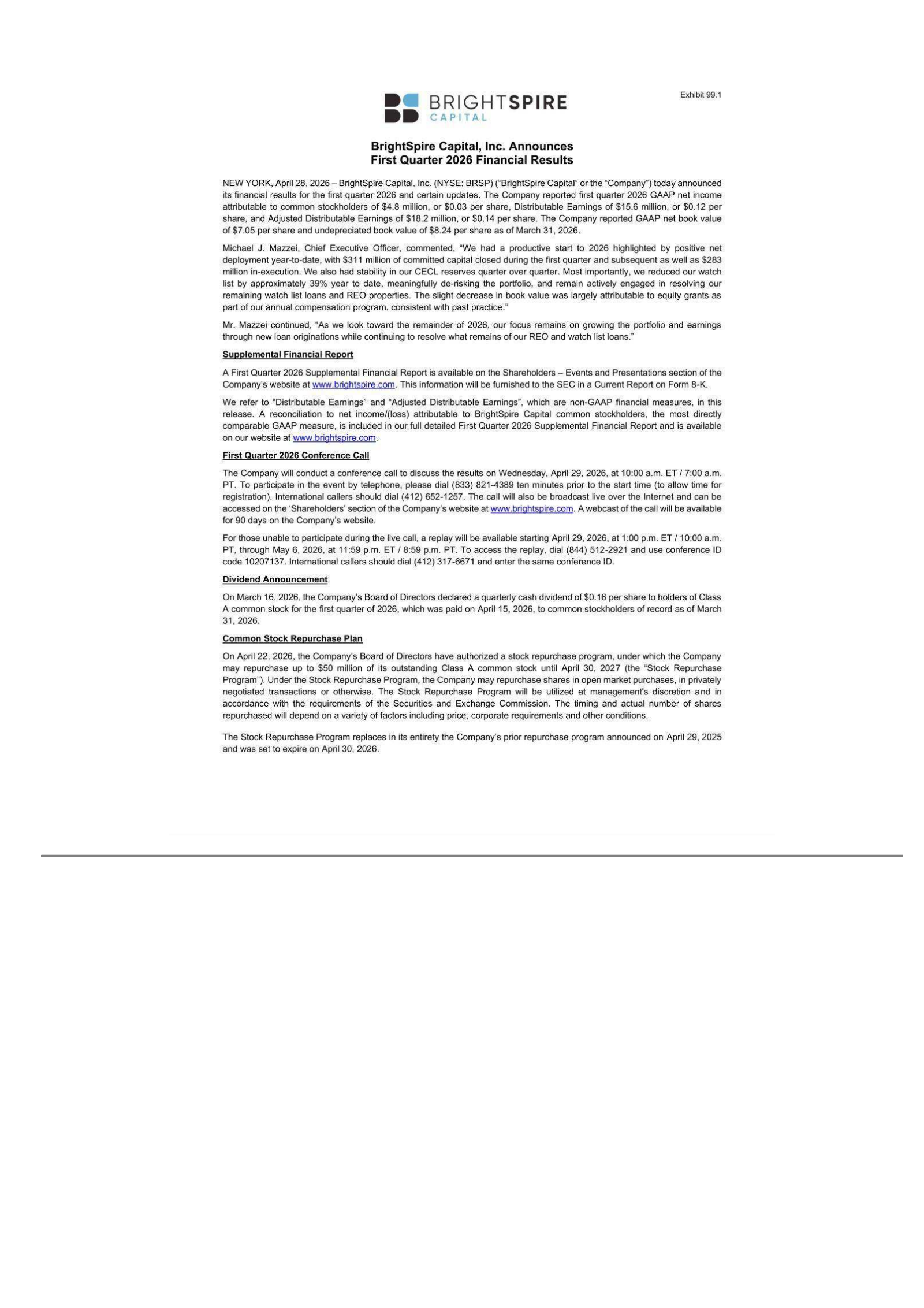BrightSpire Capital's Q1 2026 Press Release