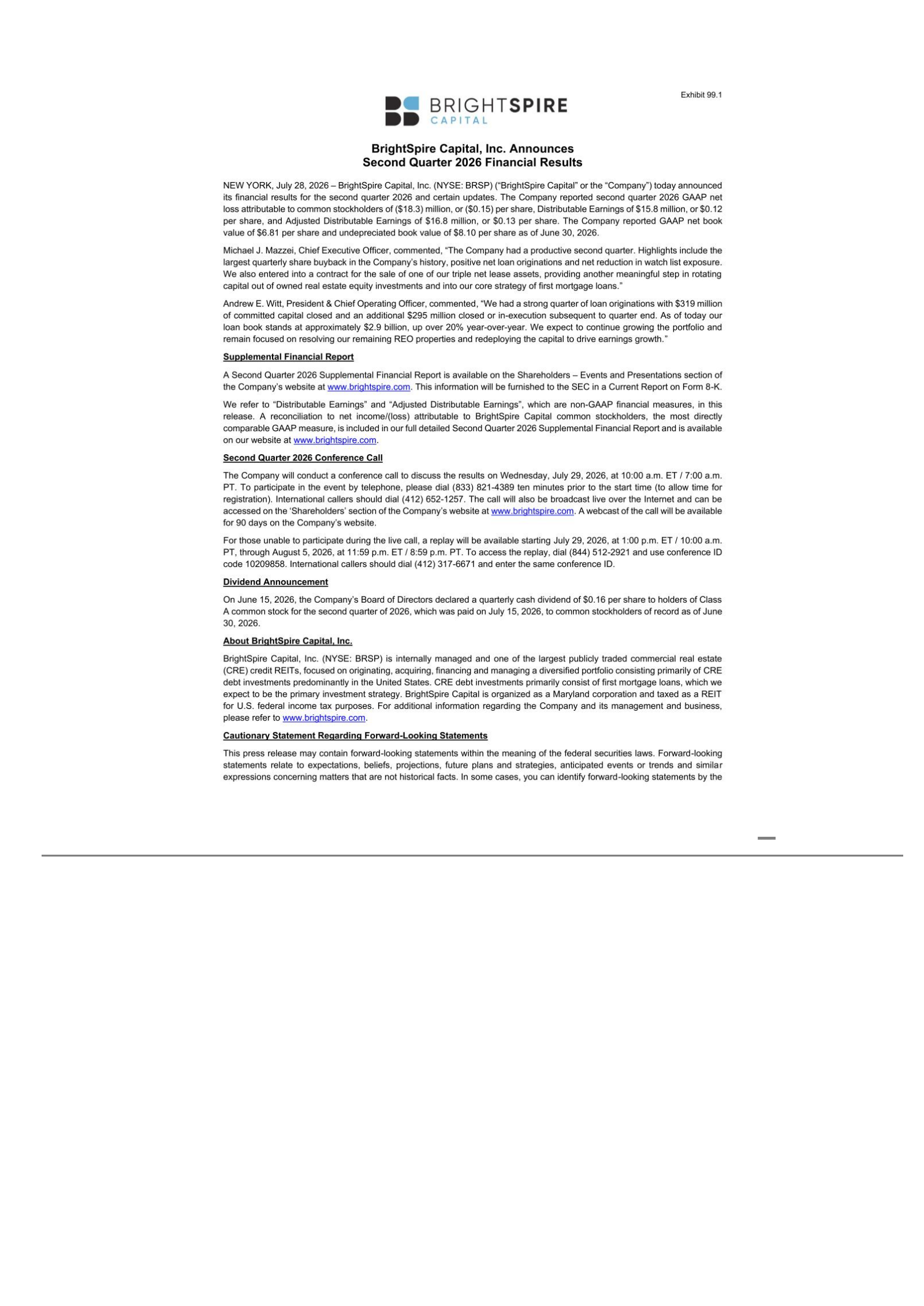 BrightSpire Capital's Q2 2026 Press Release