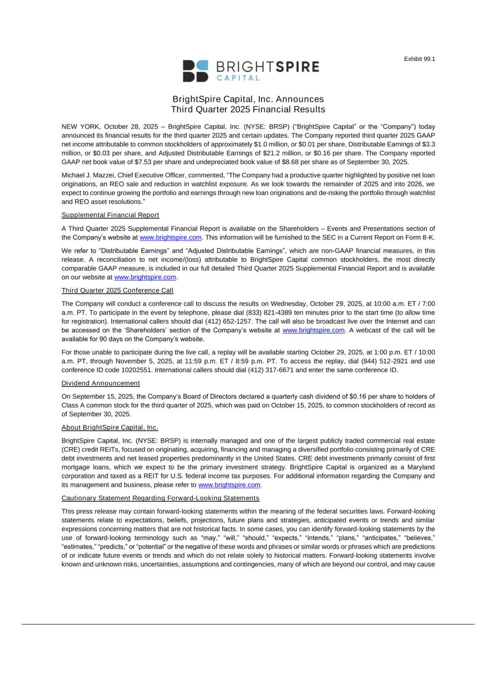 BrightSpire Capital's Q3 2025 Earnings Release