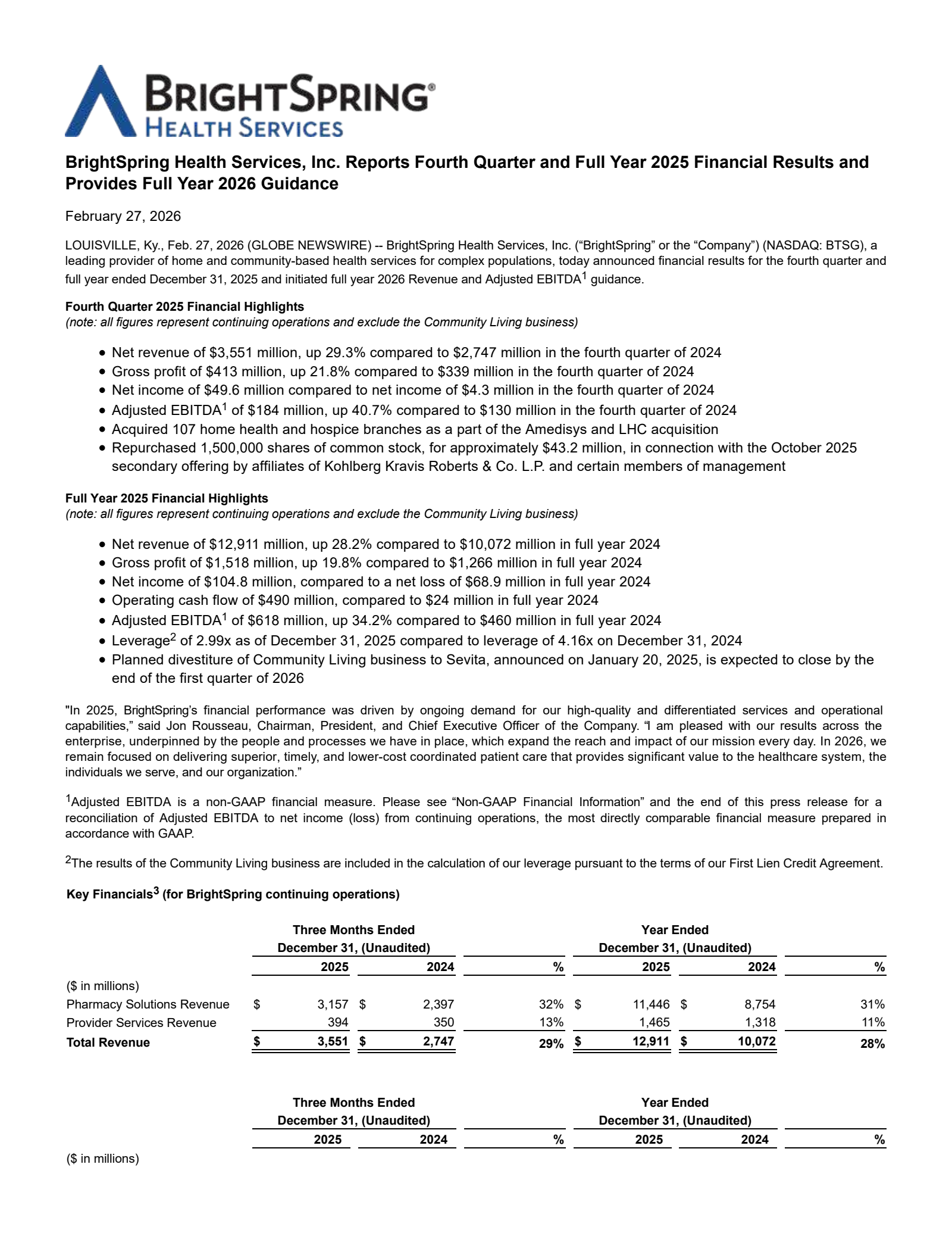 BrightSpring Health Services' Q4 2025 Press Release