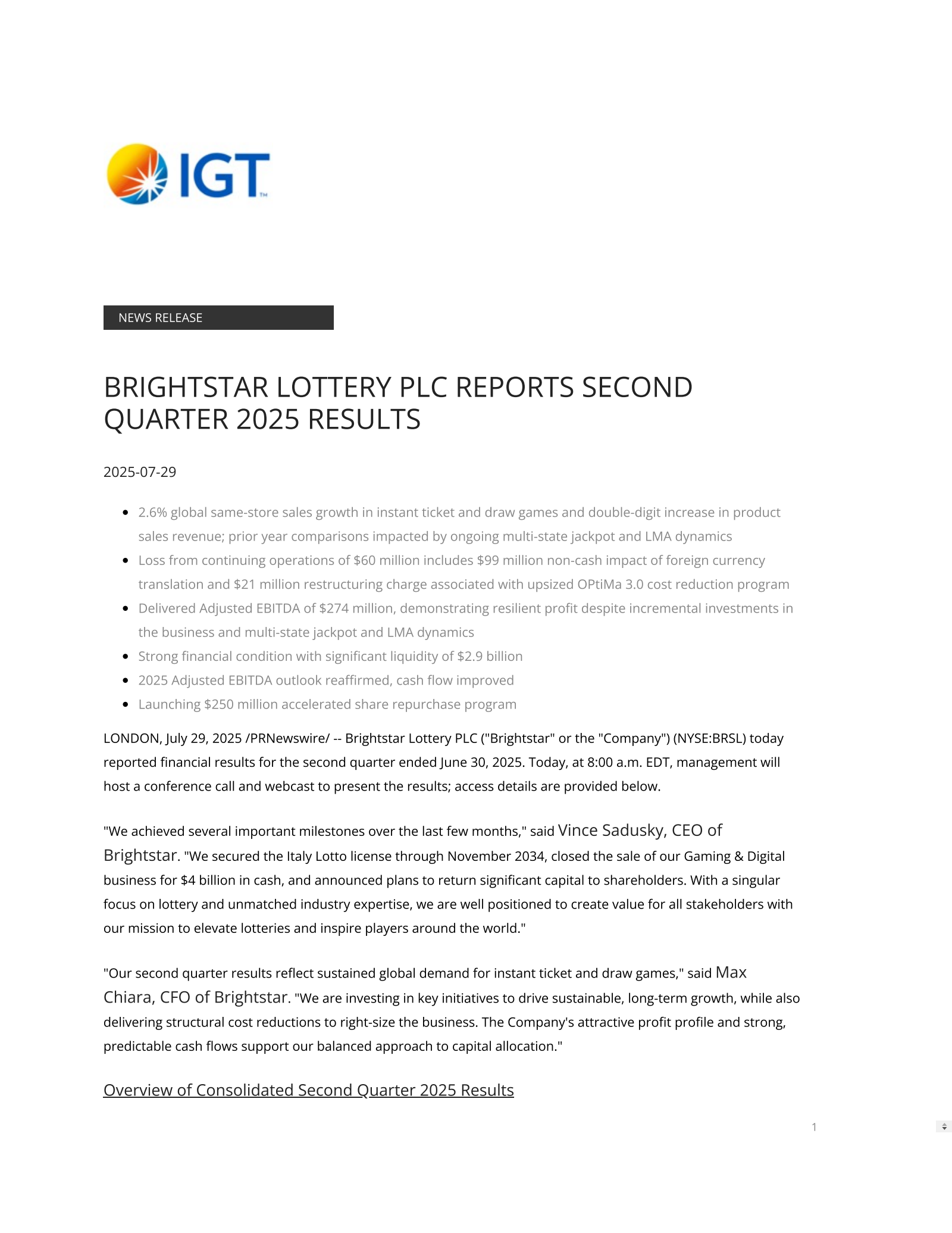International Game Technology's Q2 2025 Press Release