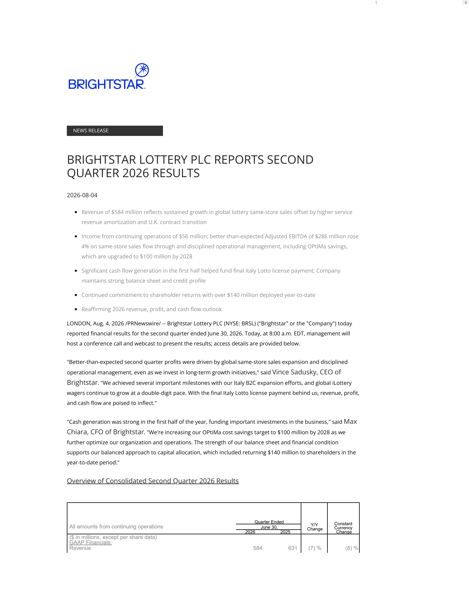 Brightstar Lottery's Q2 2026 Press Release