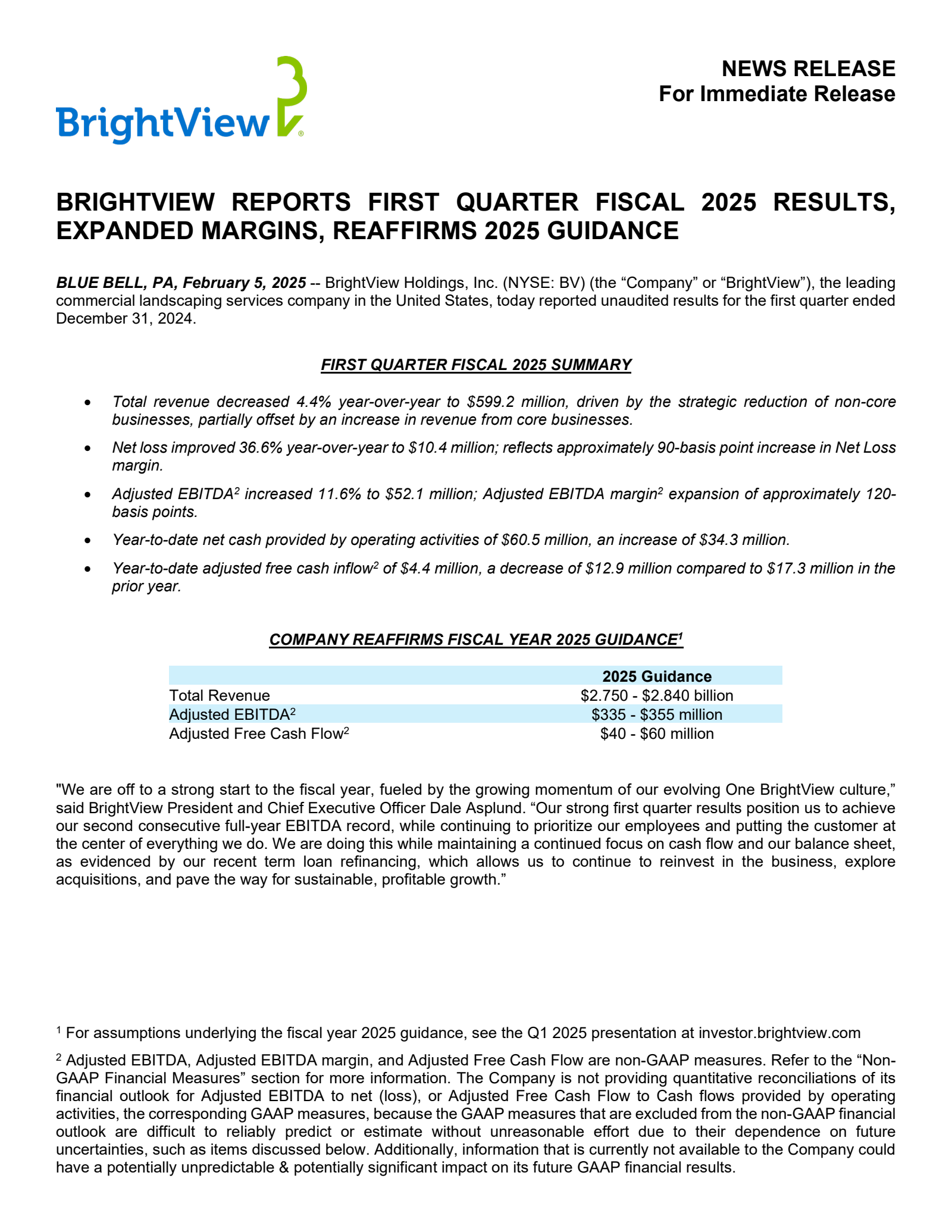 BrightView's Q1 2025 Press Release