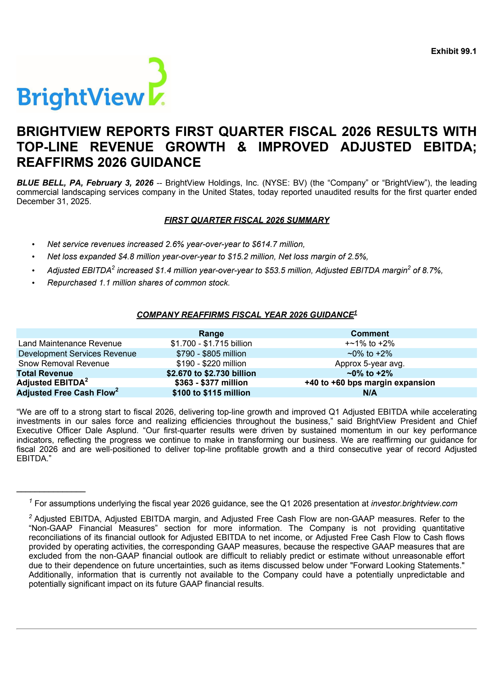BrightView's Q1 2026 Press Release