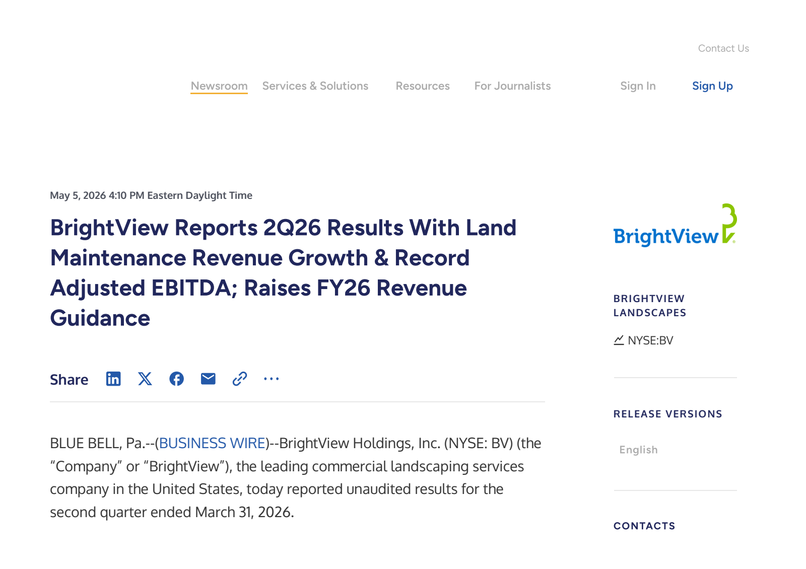 BrightView's Q2 2026 Press Release