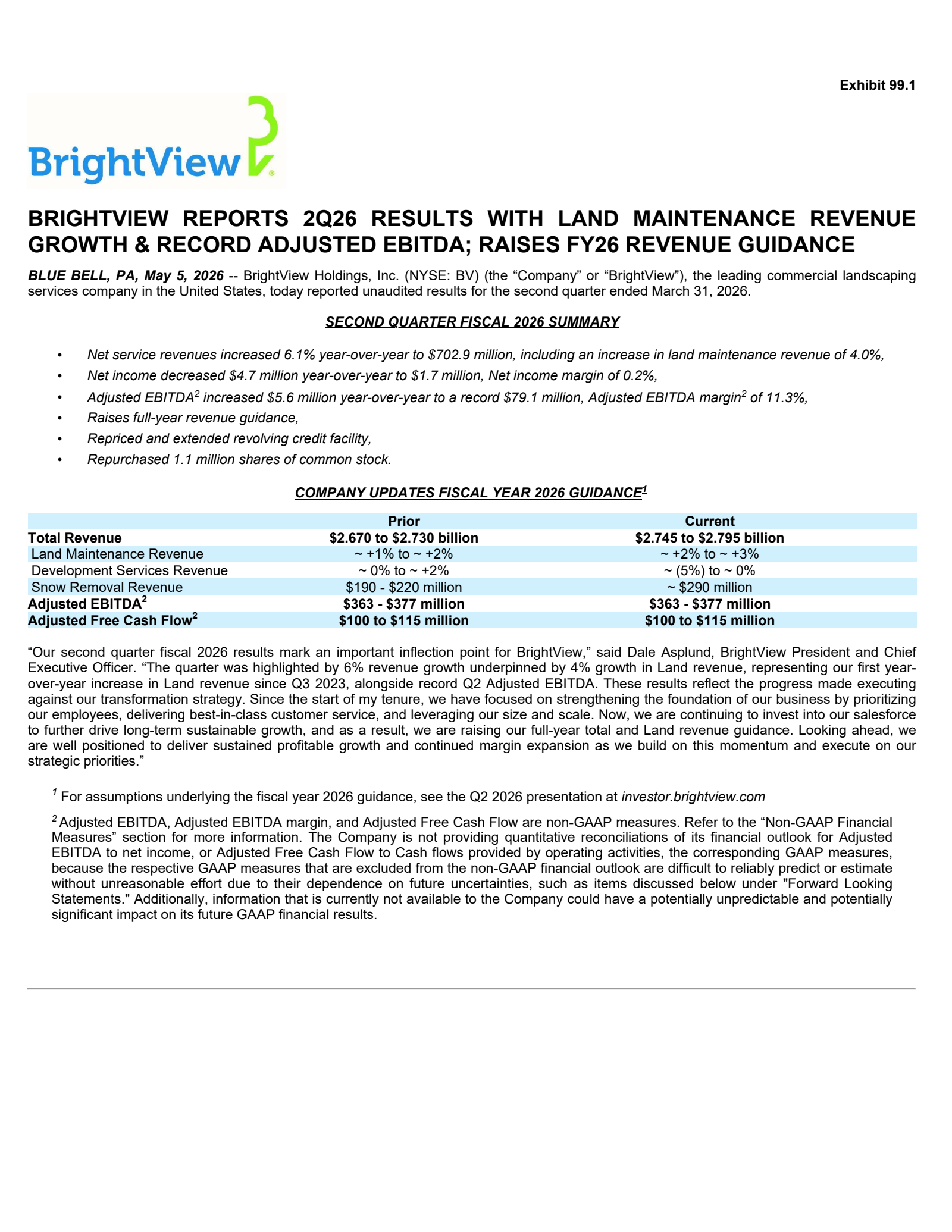 BrightView's Q2 2026 Press Release