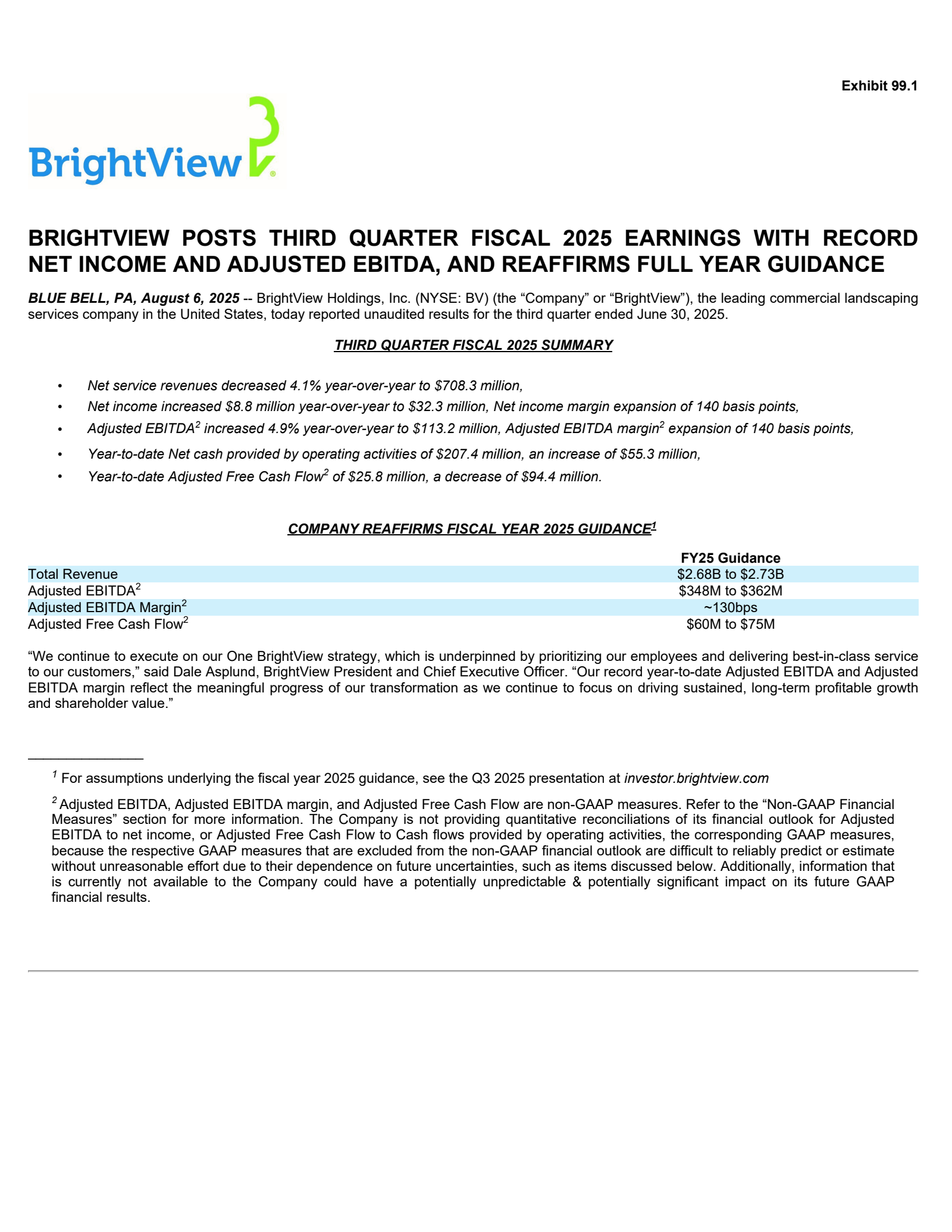 BrightView's Q3 2025 Press Release