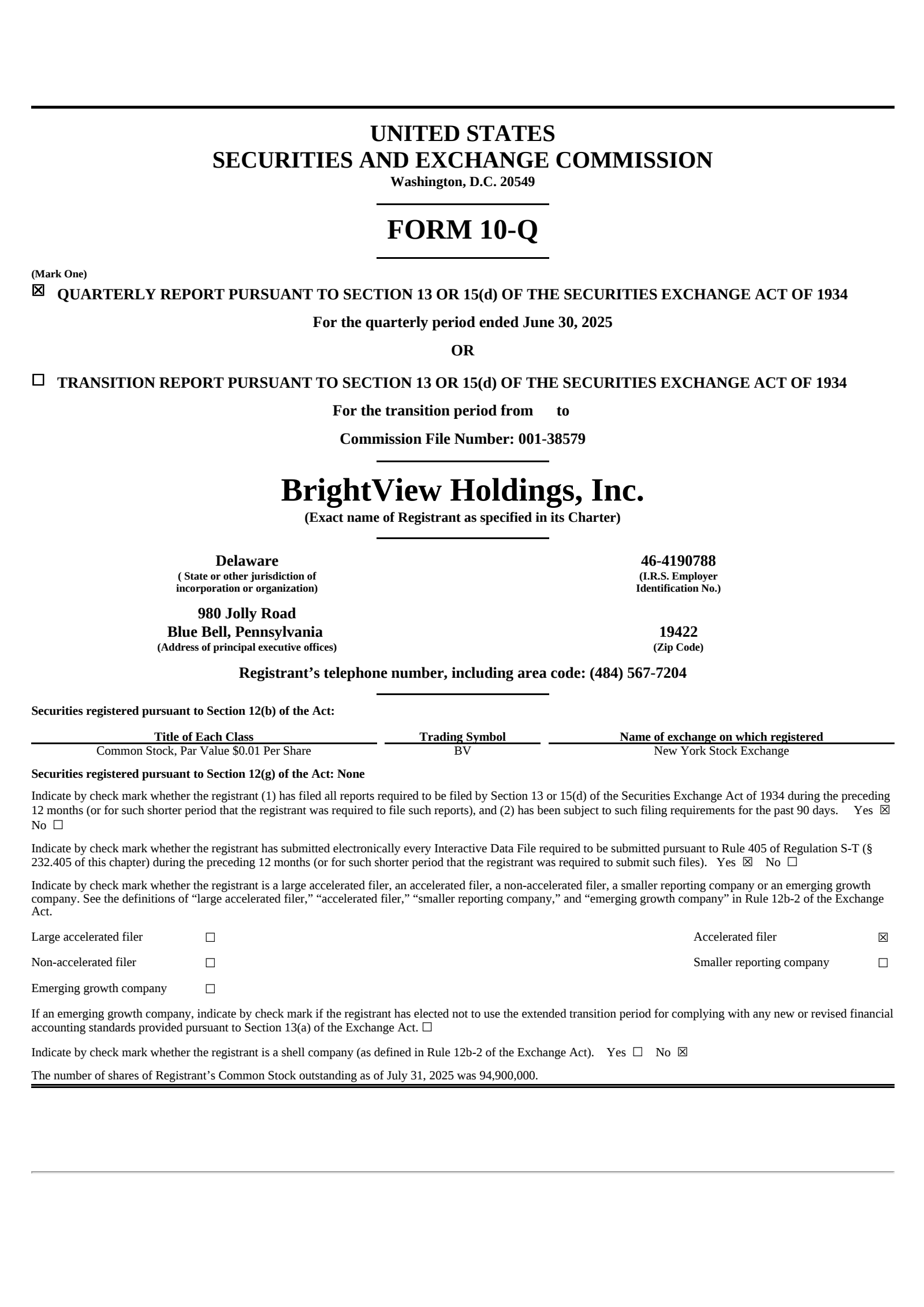 BrightView's Q3 2025 Quarterly report