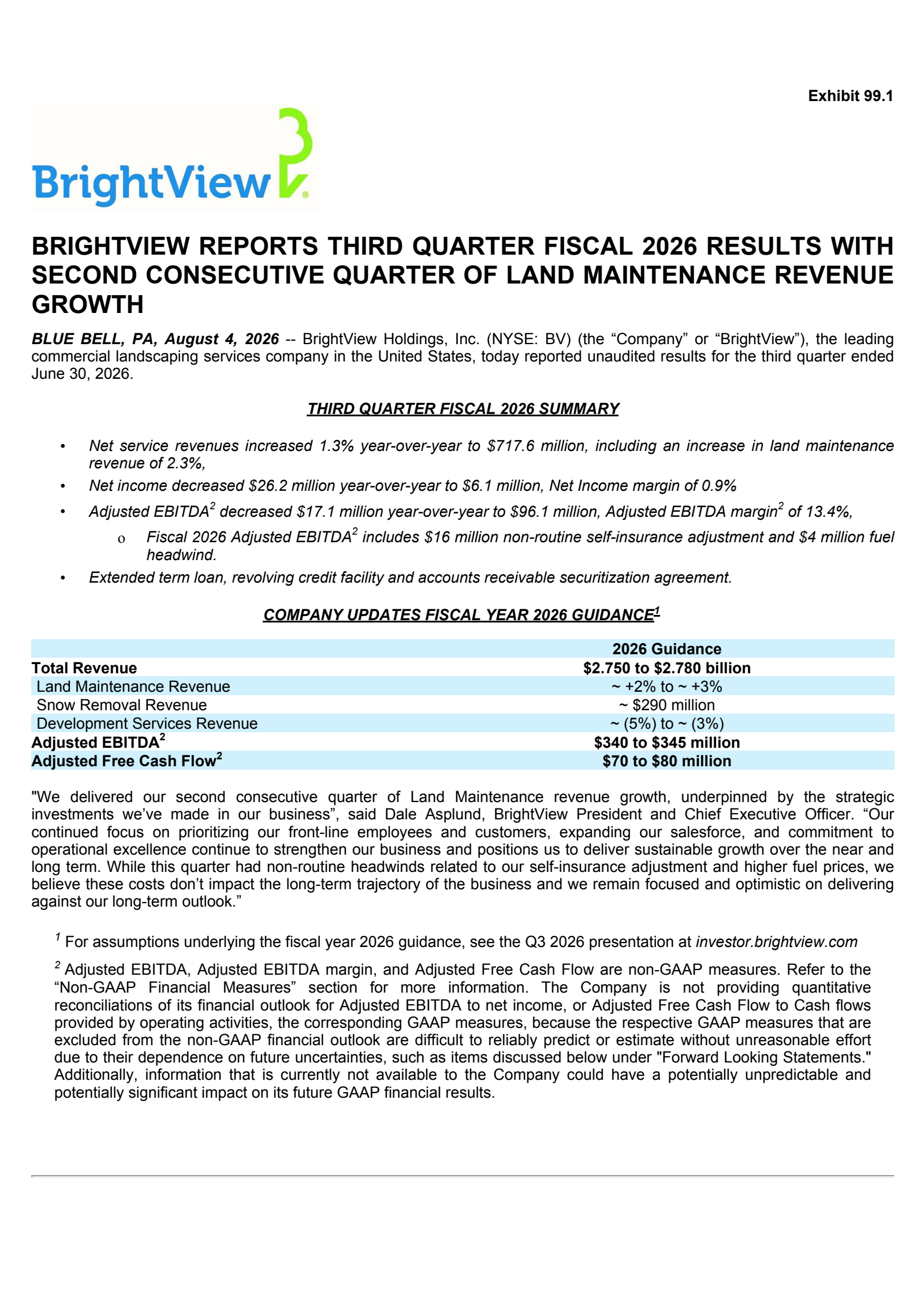 BrightView's Q3 2026 Press Release