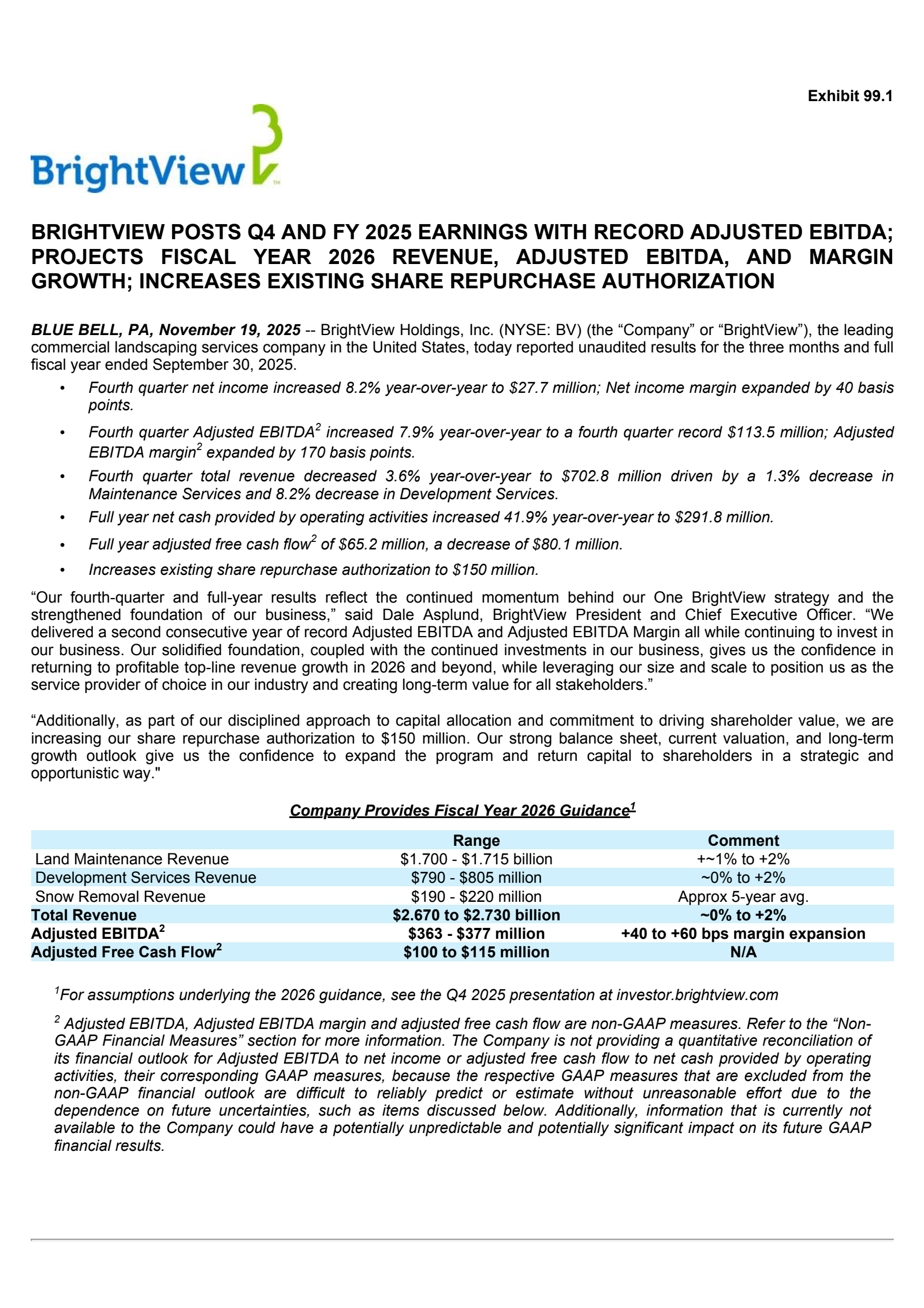 BrightView's Q4 2025 Earnings Release