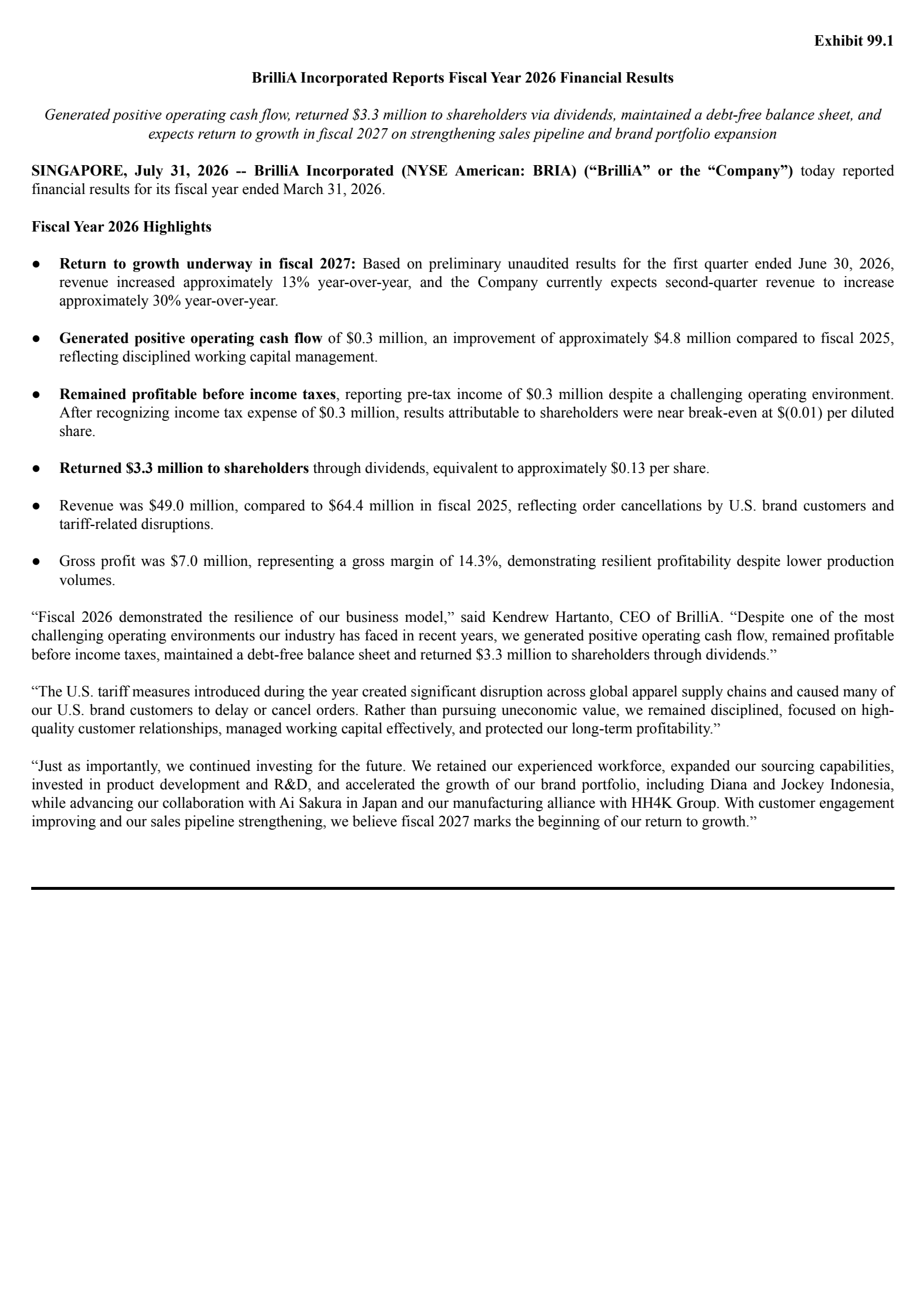BrilliA's H2 2026 Press Release
