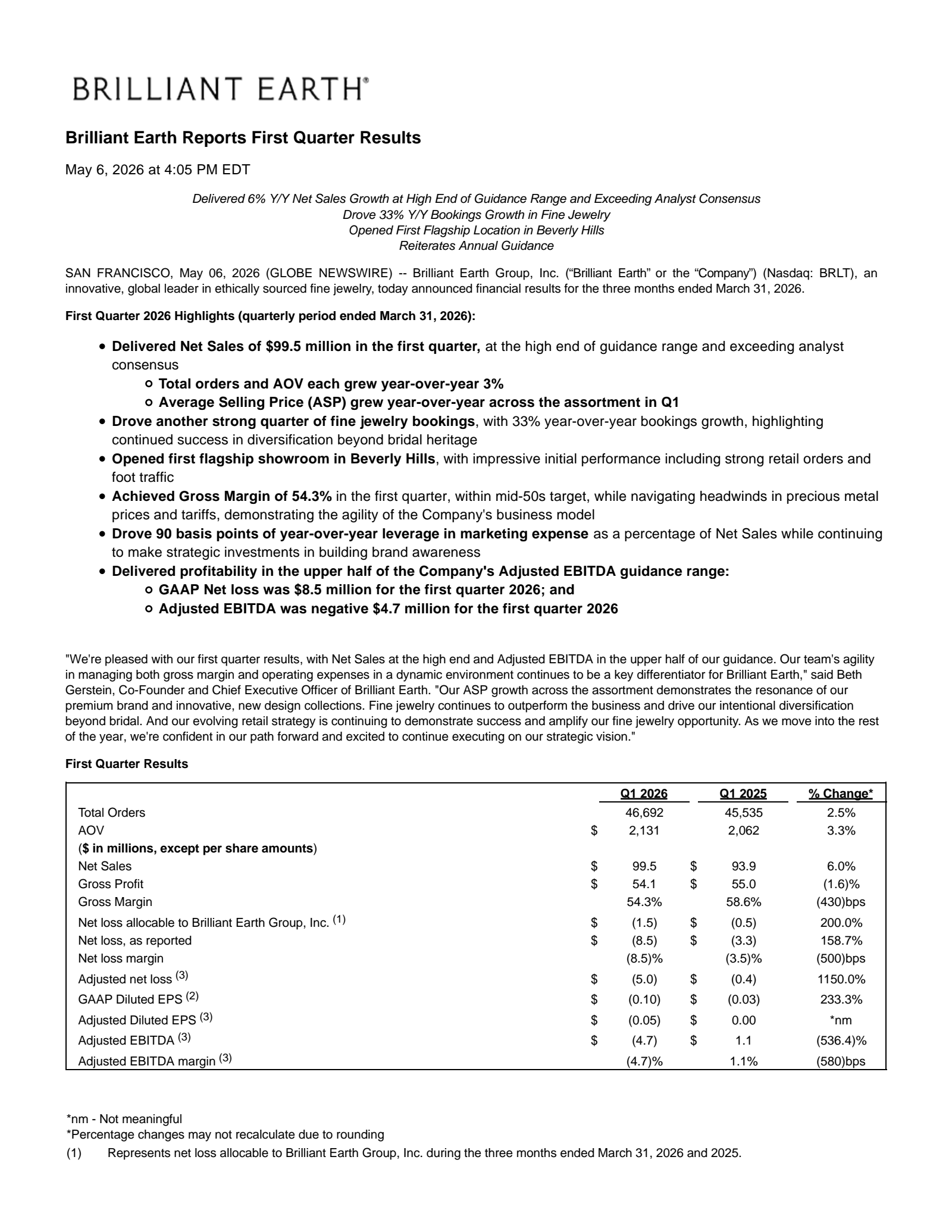 Brilliant Earth Group's Q1 2026 Press Release