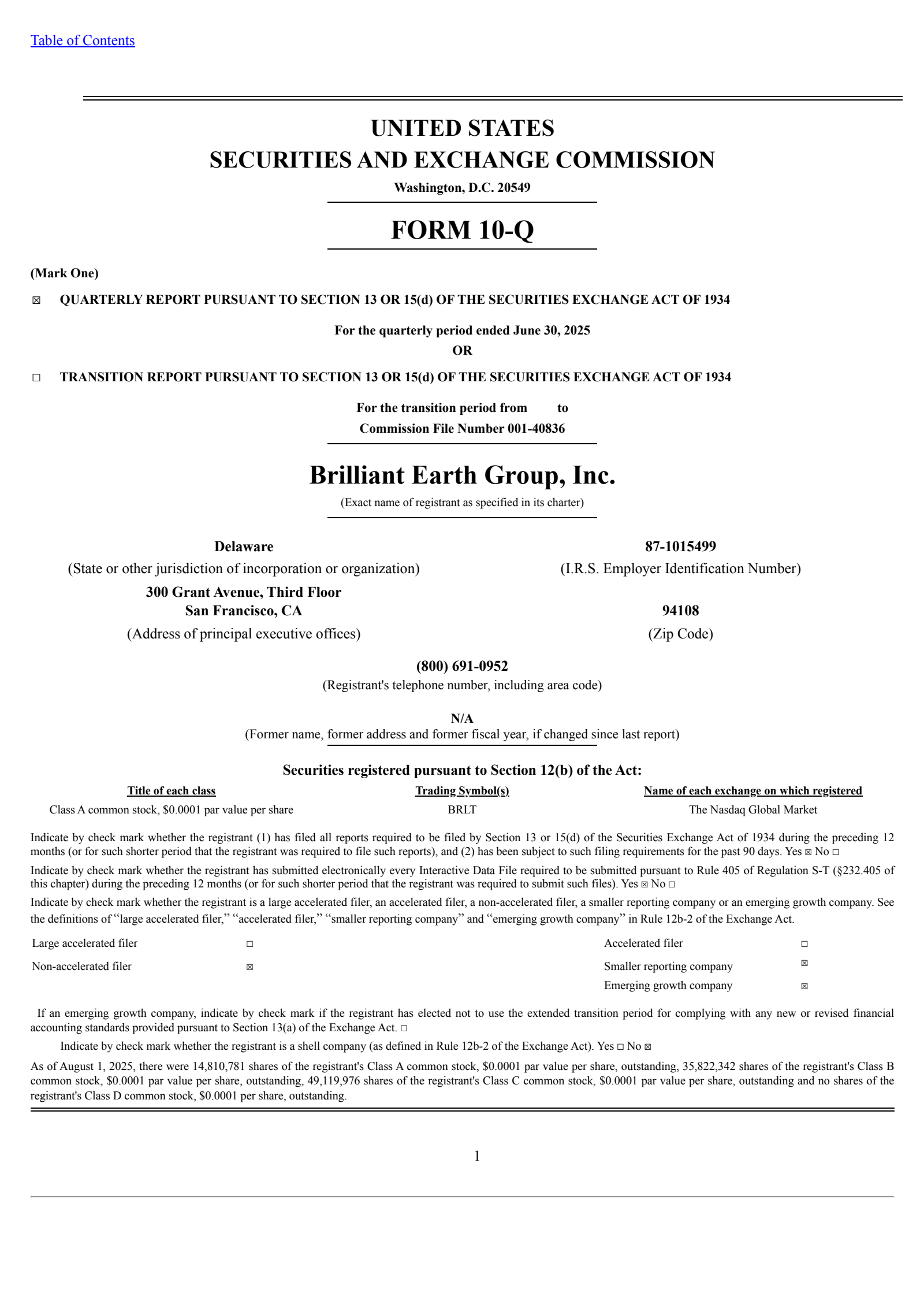 Brilliant Earth Group's Q2 2025 Quarterly report