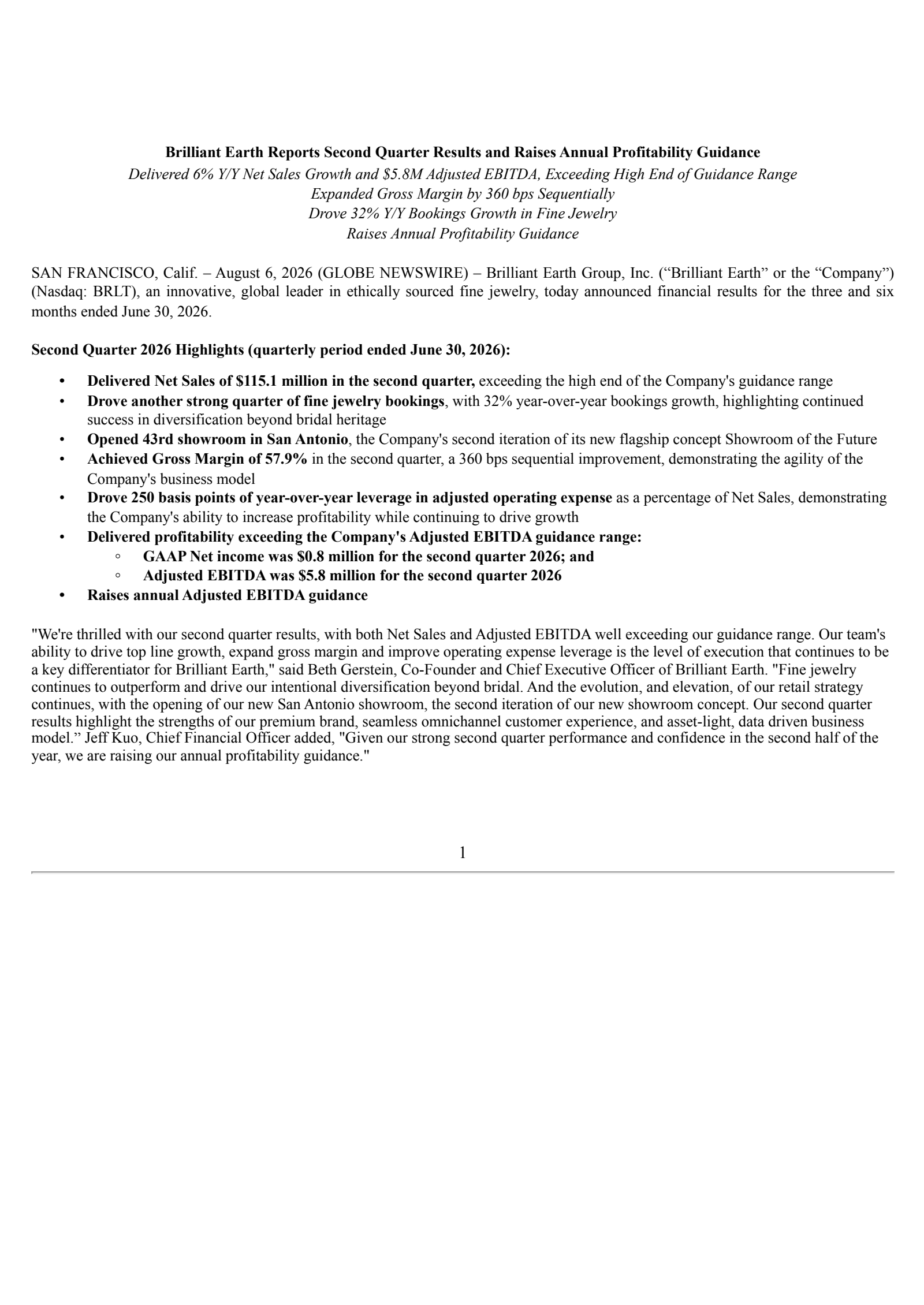 Brilliant Earth Group's Q2 2026 Press Release