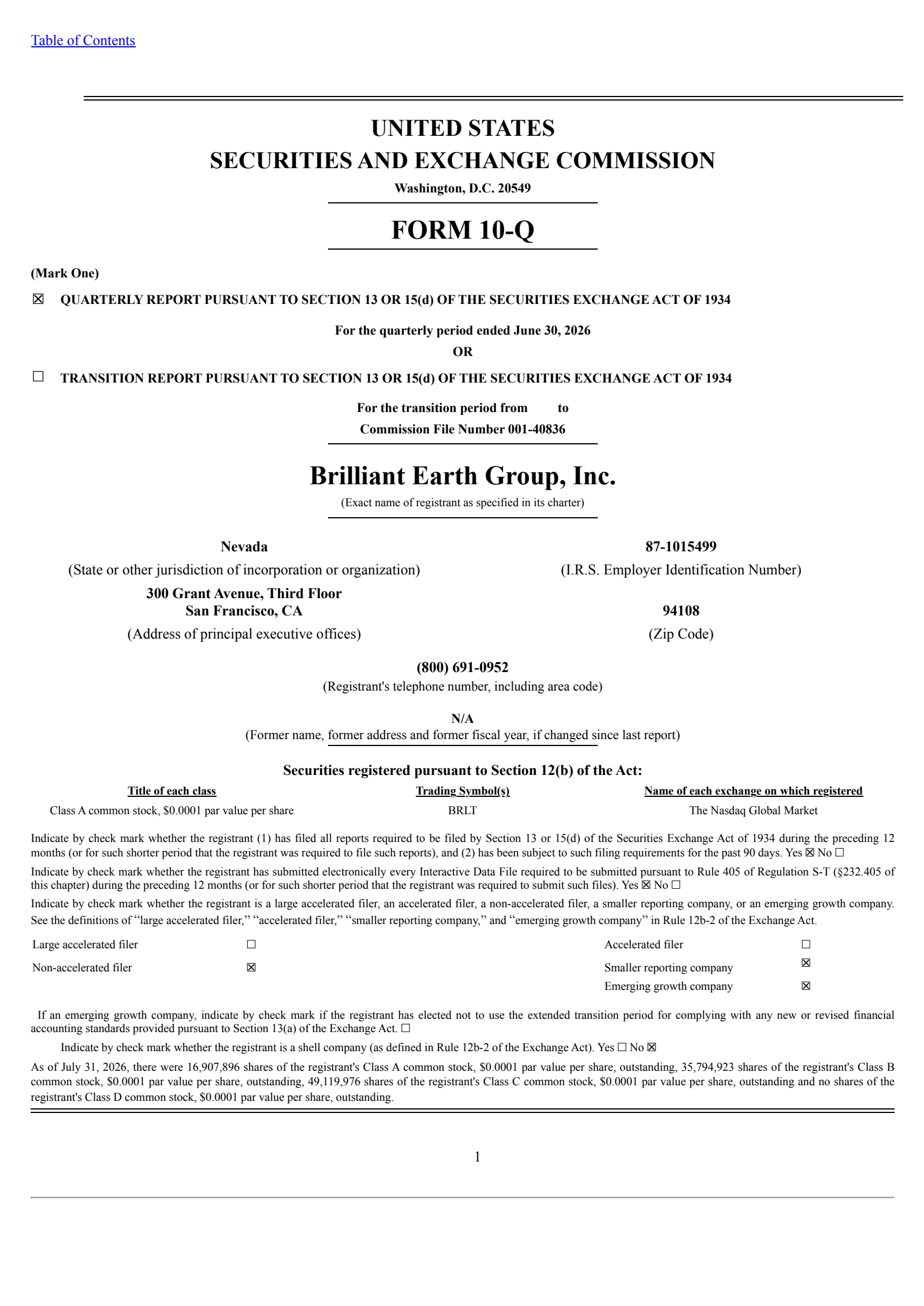 Brilliant Earth Group's Q2 2026 Quarterly report
