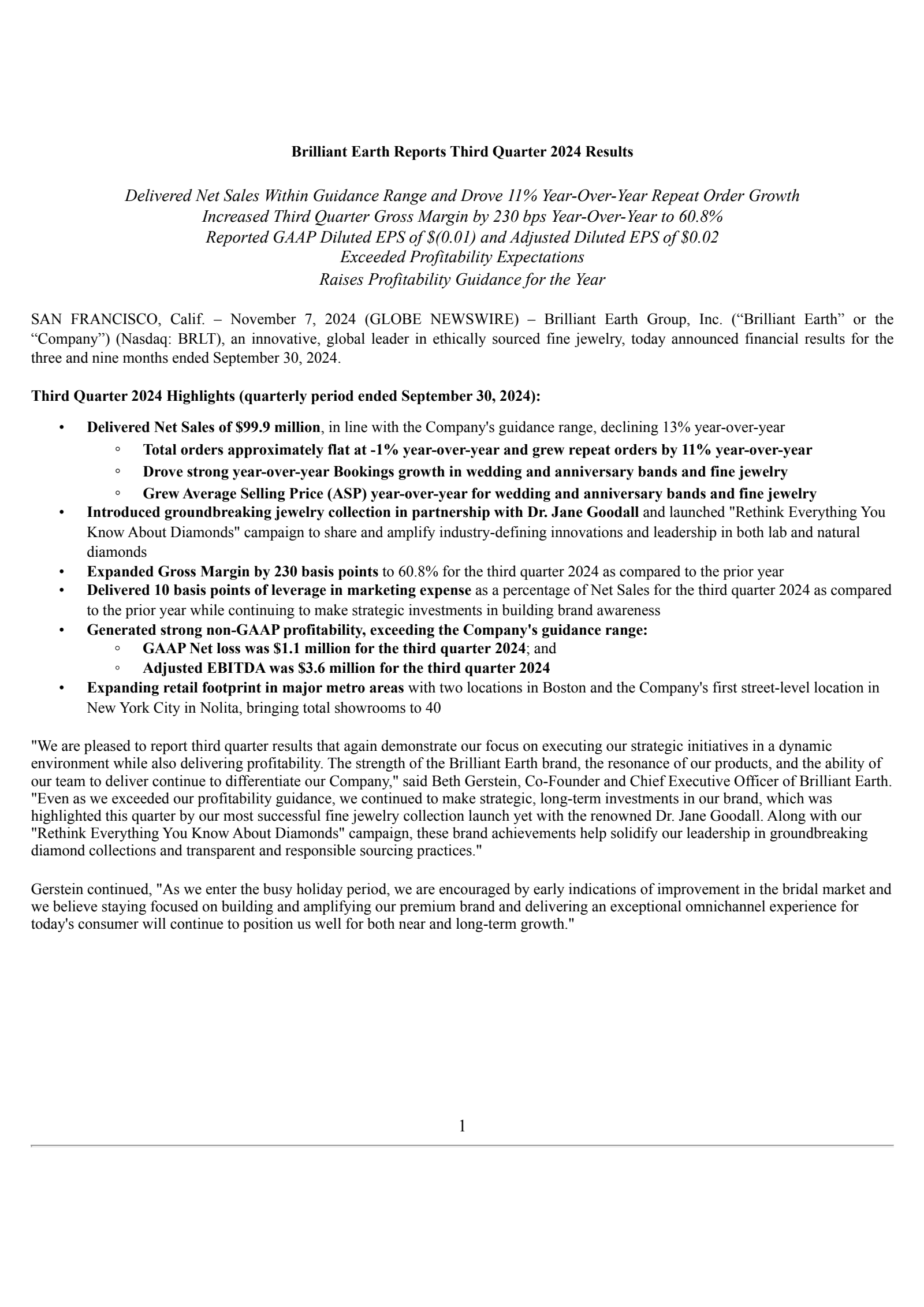 Brilliant Earth Group's Q3 2024 Press Release