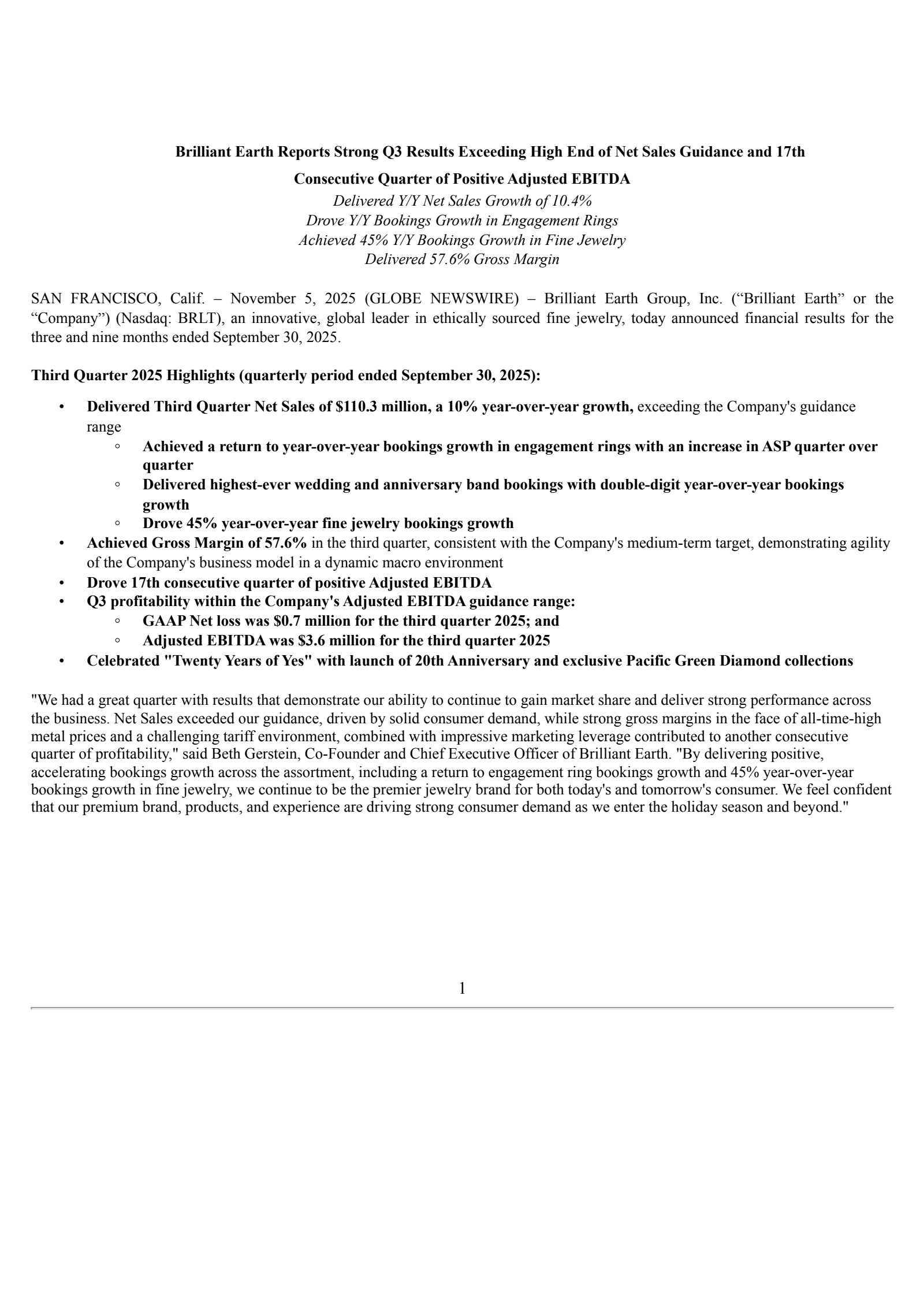Brilliant Earth Group's Q3 2025 Earnings Release
