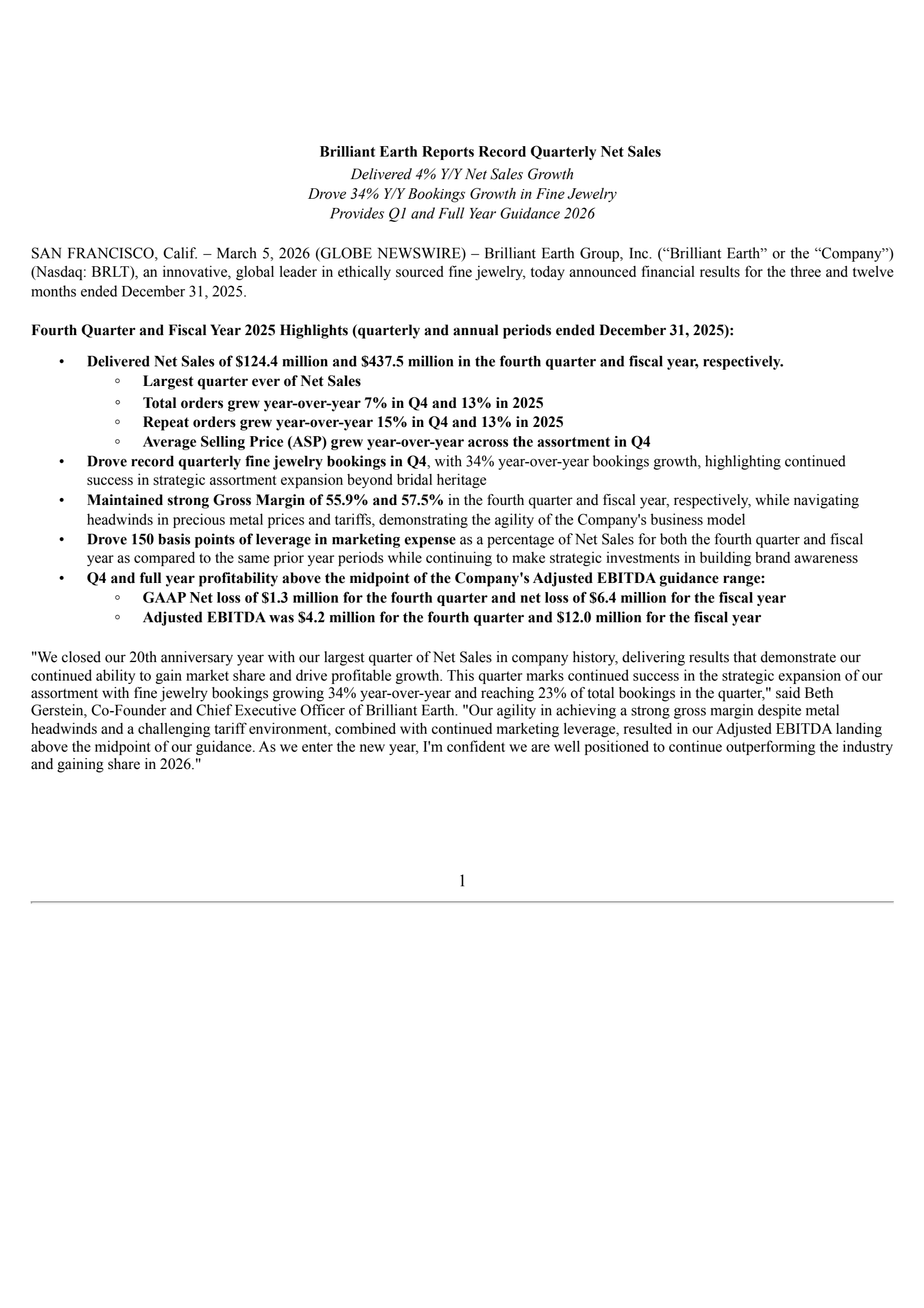 Brilliant Earth Group's Q4 2025 Press Release