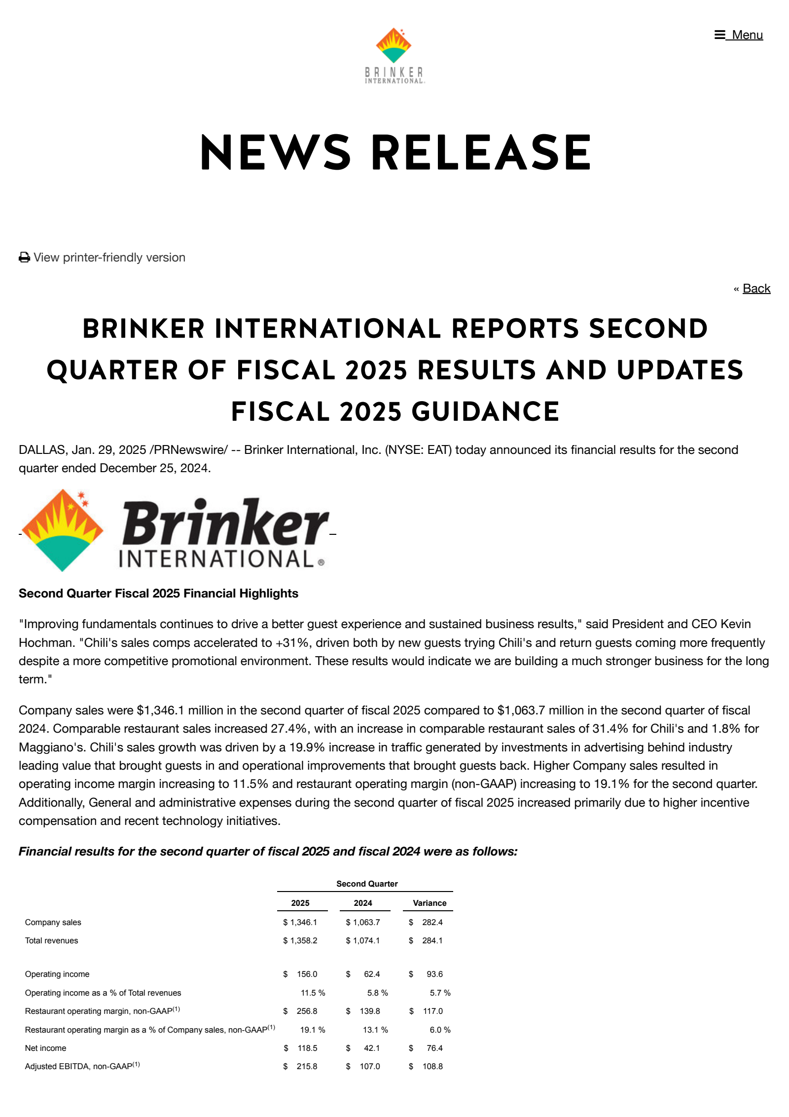 Brinker International's Q2 2025 Press Release